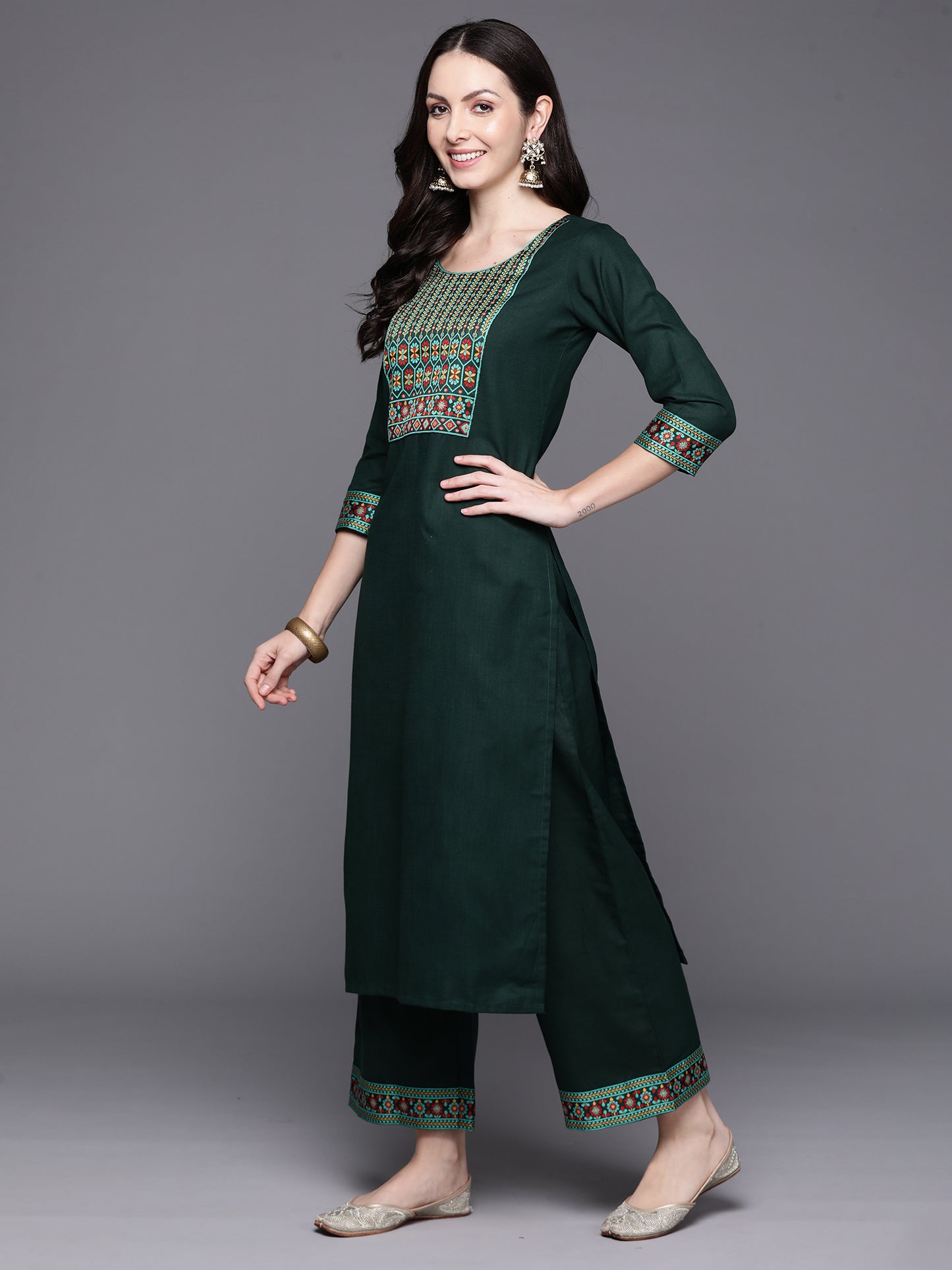 IE Green Yoke Design Straight Kurta Palazzos With Dupatta Set