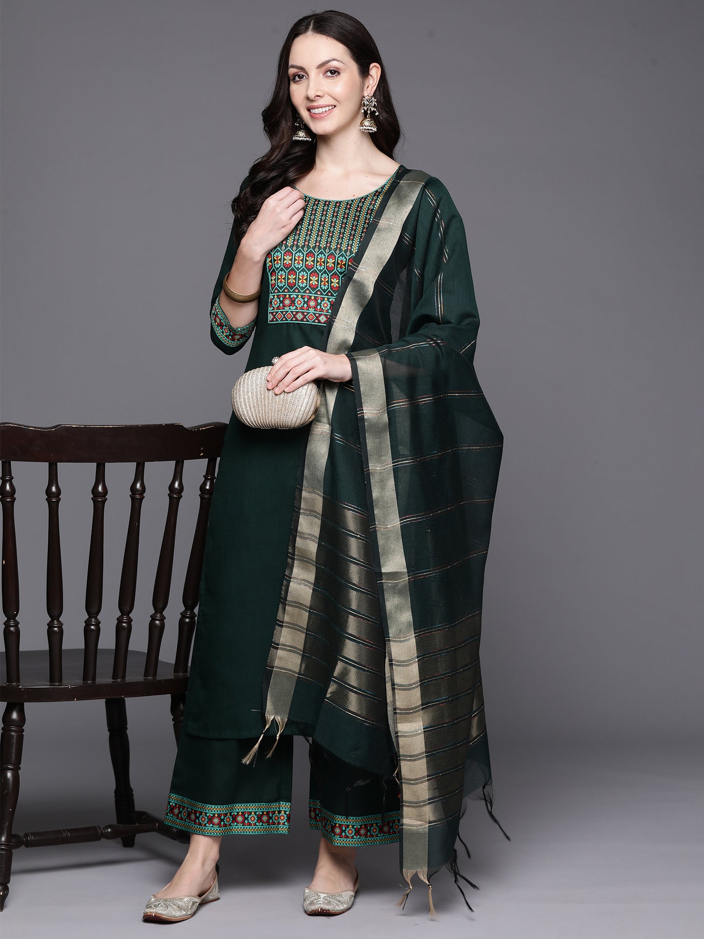 IE Green Yoke Design Straight Kurta Palazzos With Dupatta Set