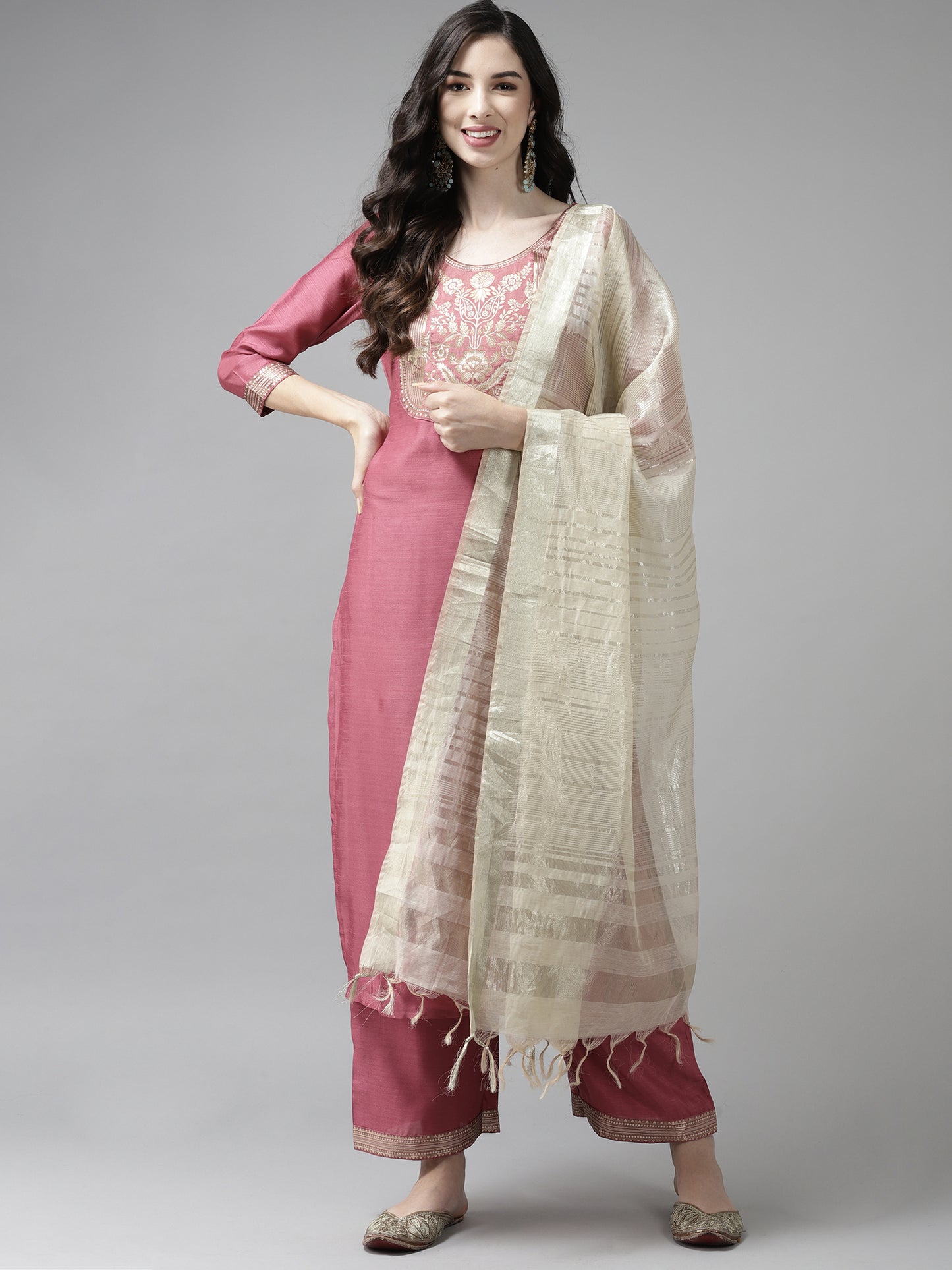 IE Solid Pink Straight Kurta Palazzo With Dupatta Set