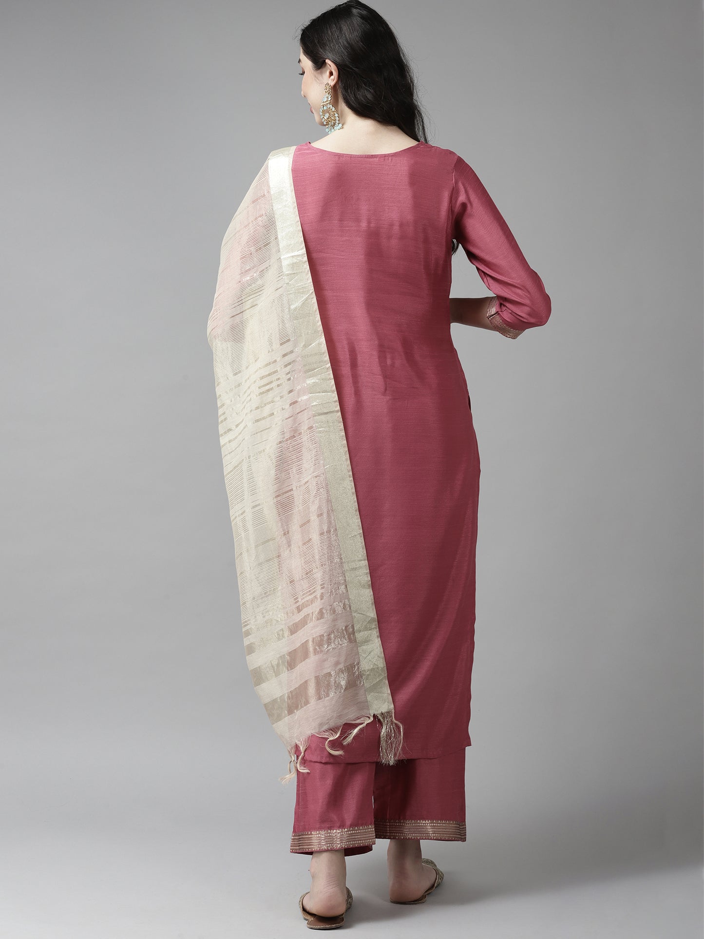 IE Solid Pink Straight Kurta Palazzo With Dupatta Set