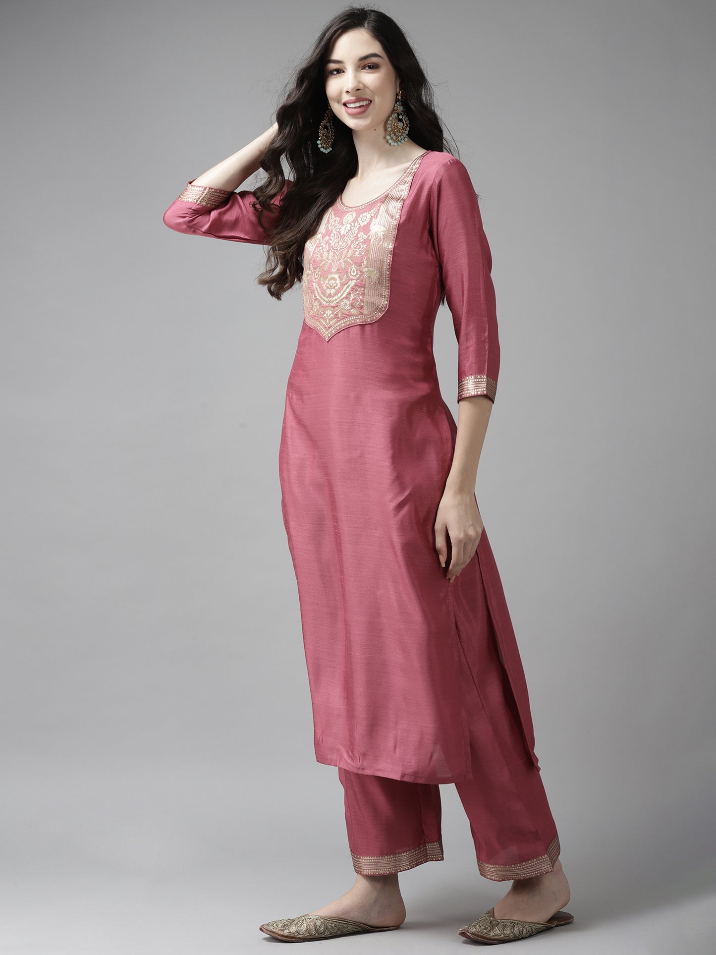 IE Solid Pink Straight Kurta Palazzo With Dupatta Set