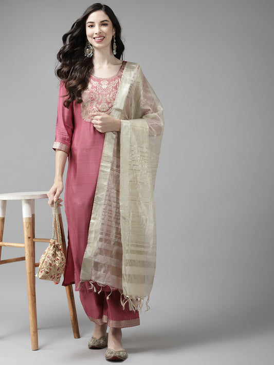 IE Solid Pink Straight Kurta Palazzo With Dupatta Set