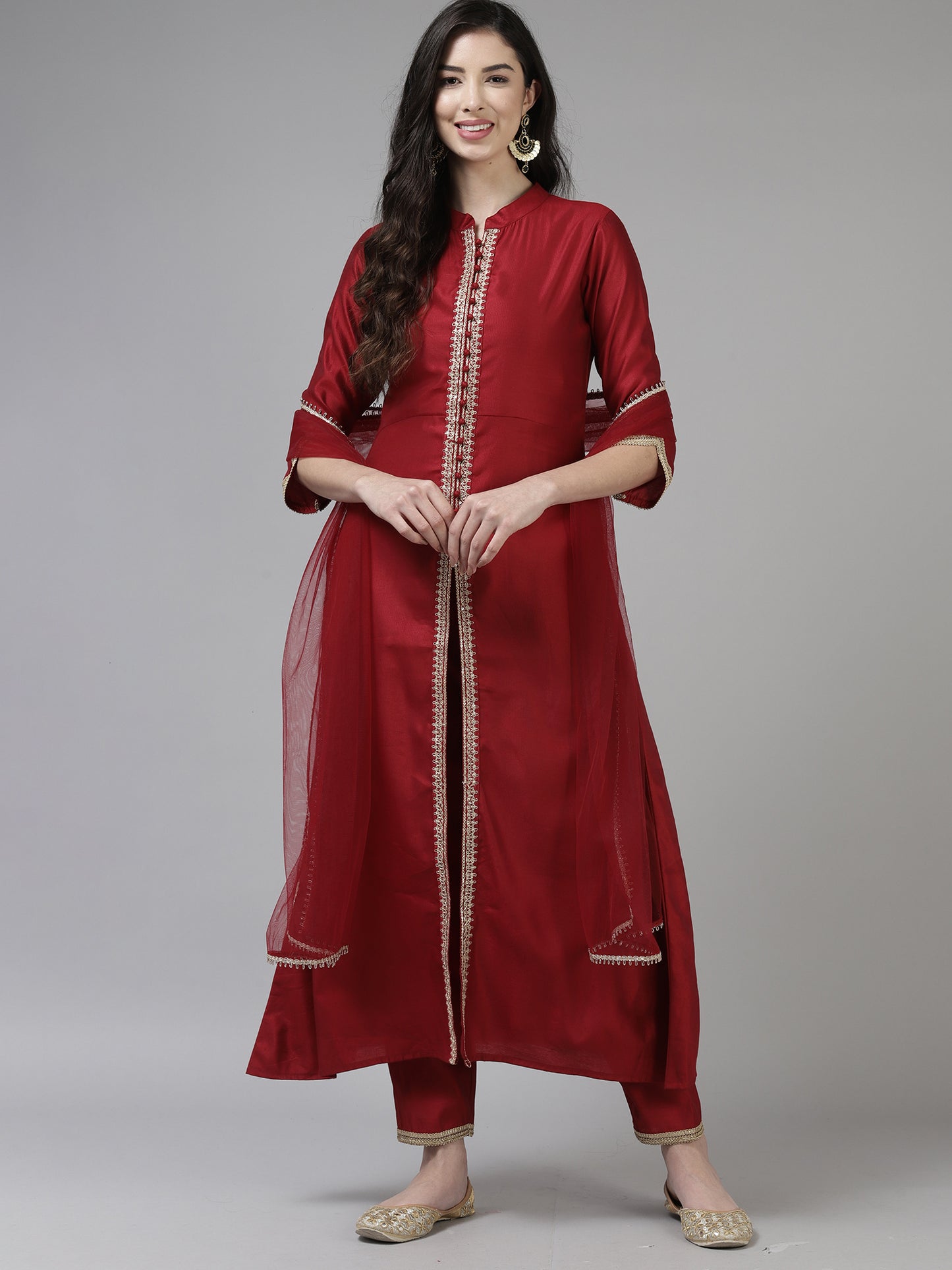 IE Red Embroidered Straight Kurta Trouser With Dupatta Set