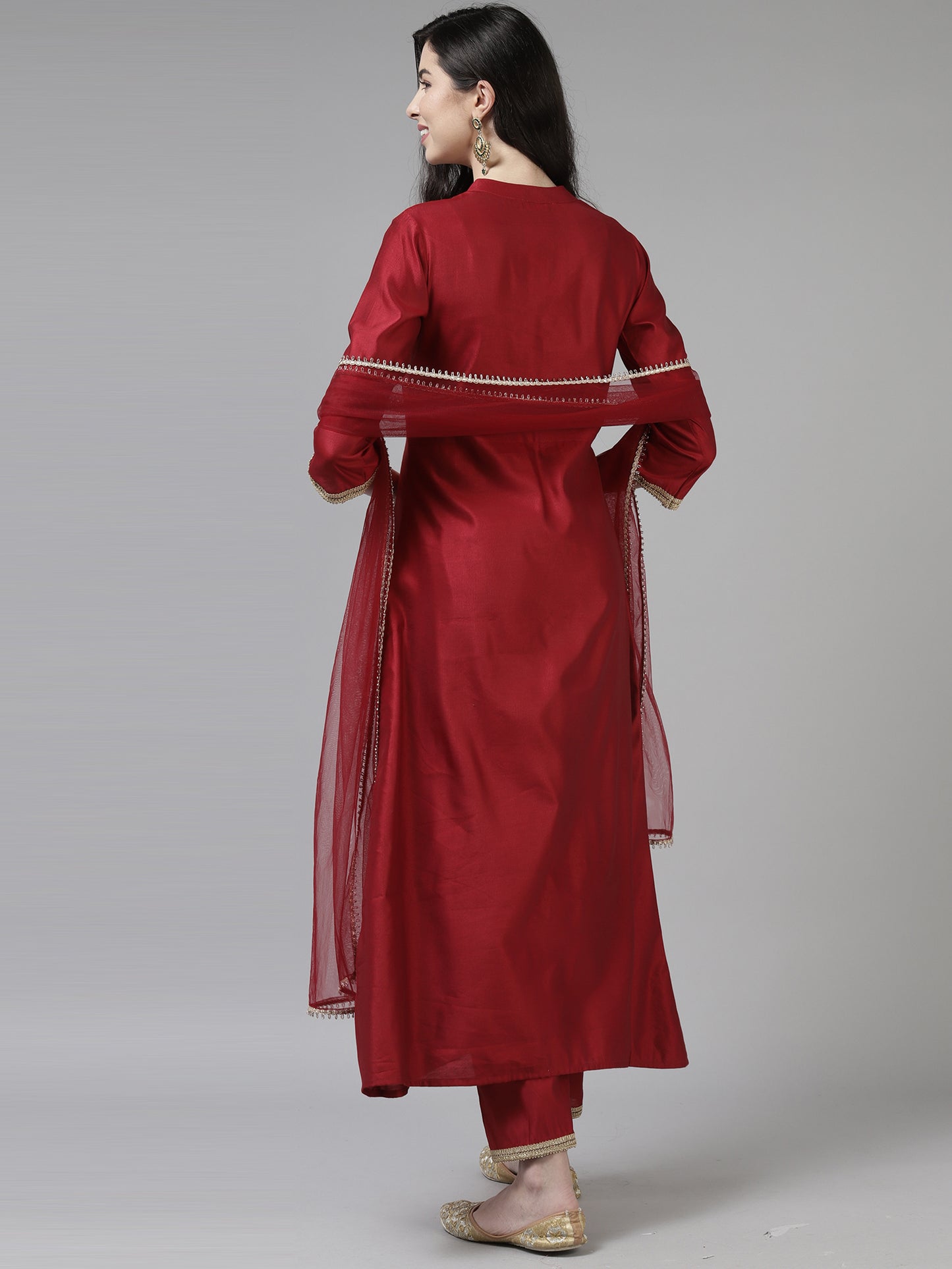 IE Red Embroidered Straight Kurta Trouser With Dupatta Set