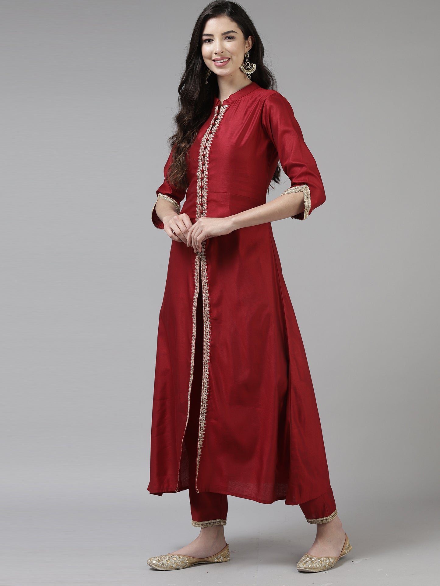 IE Red Embroidered Straight Kurta Trouser With Dupatta Set