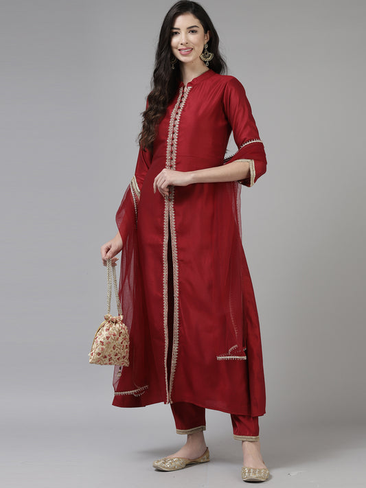 IE Red Embroidered Straight Kurta Trouser With Dupatta Set