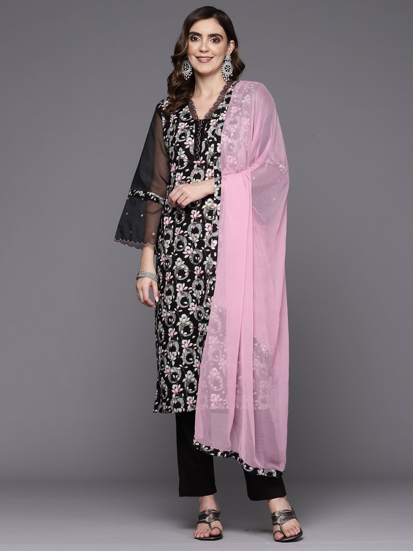 IE Black Printed Straight Kurta Trousers With Dupatta Set