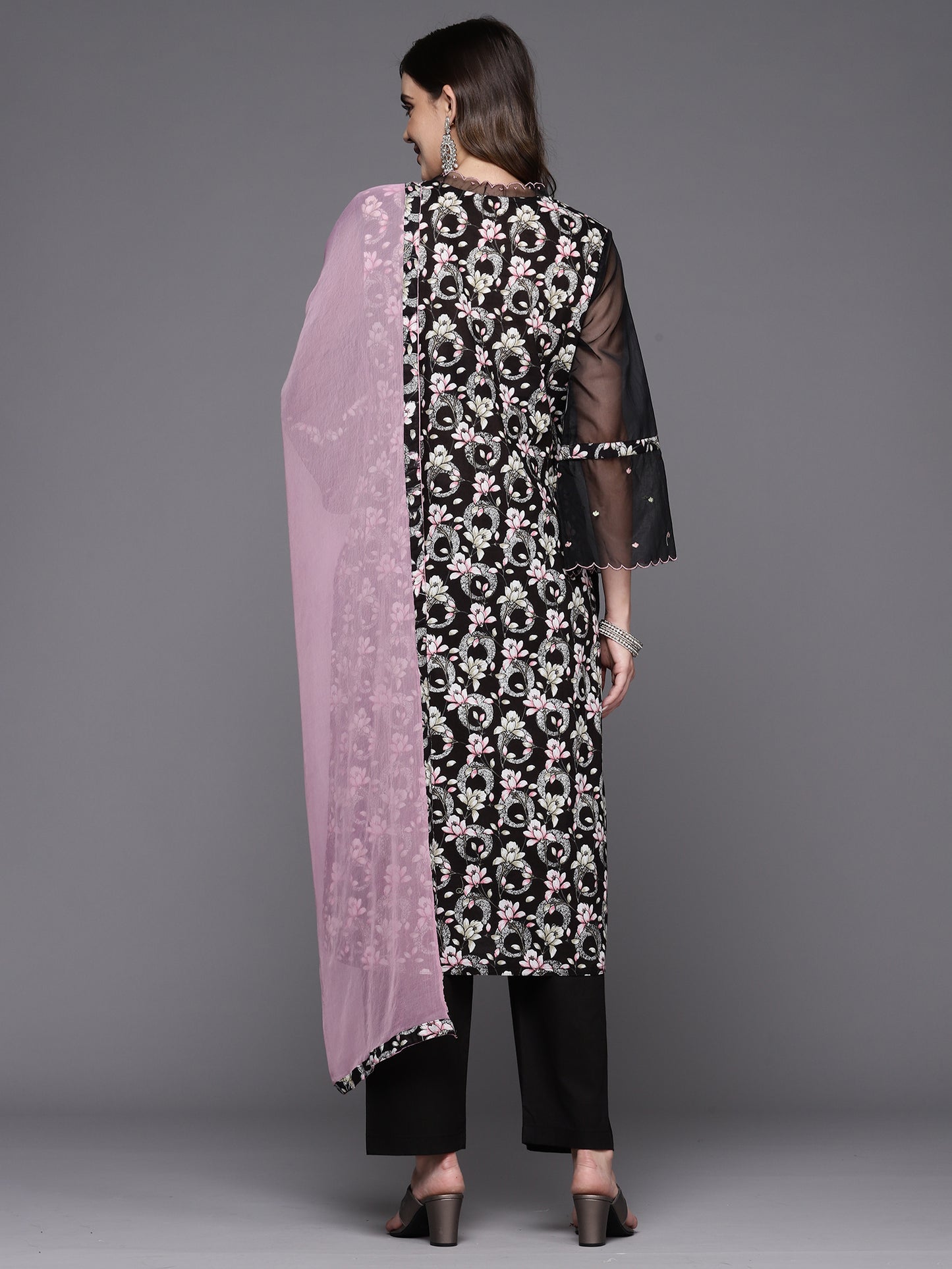 IE Black Printed Straight Kurta Trousers With Dupatta Set