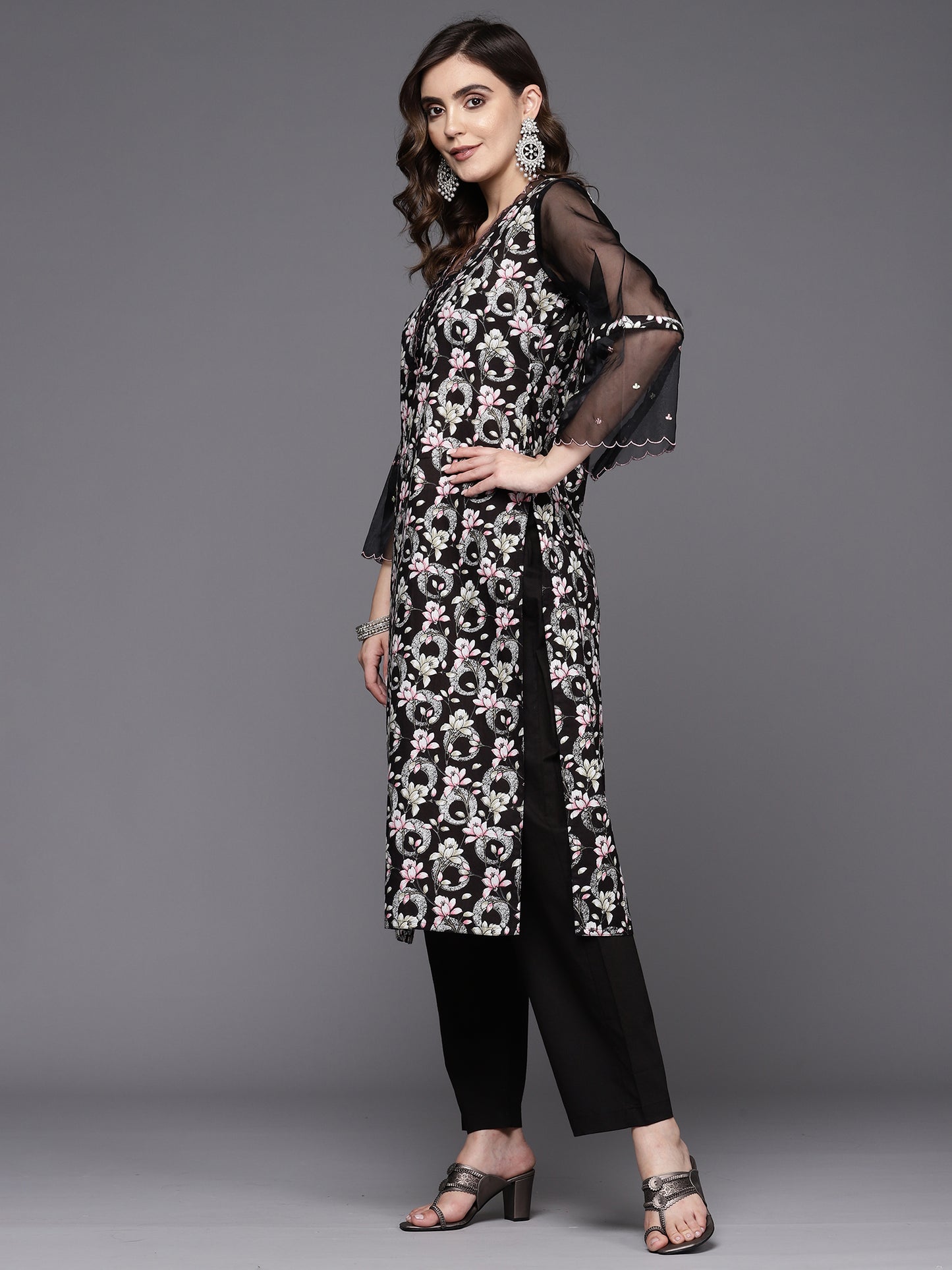 IE Black Printed Straight Kurta Trousers With Dupatta Set