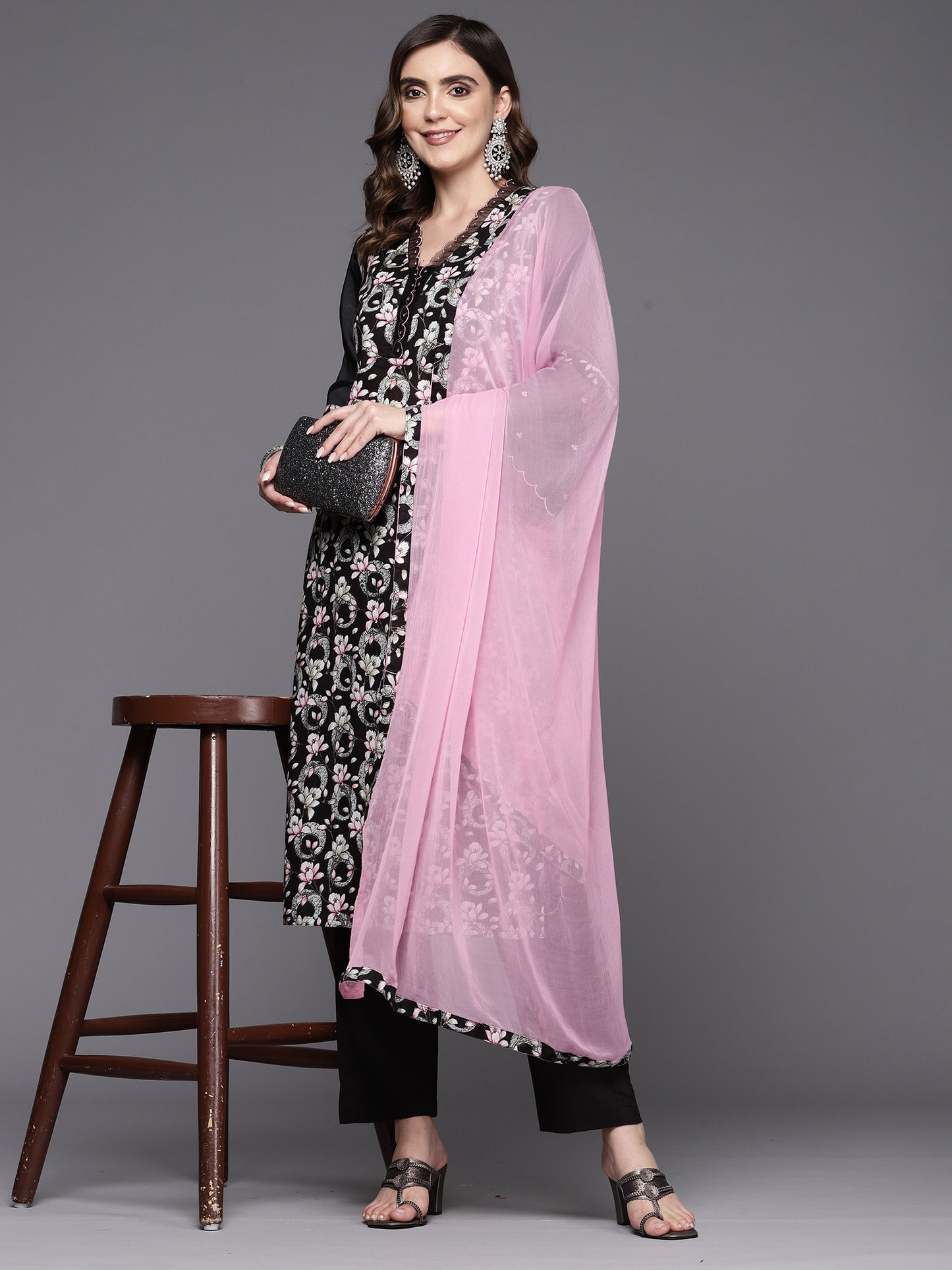 IE Black Printed Straight Kurta Trousers With Dupatta Set