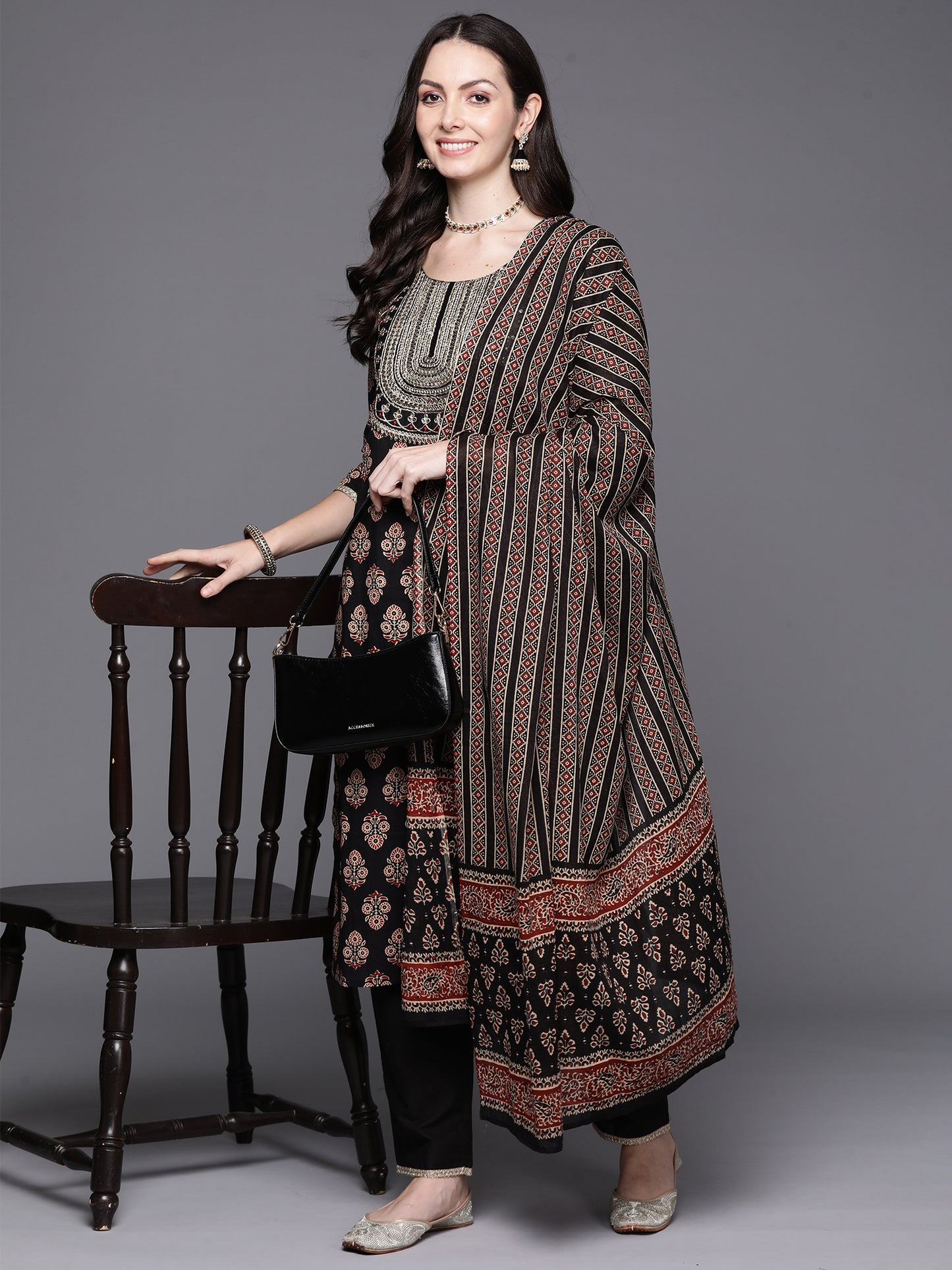 IE Black Embroidered Straight Kurta Trousers With Dupatta Set