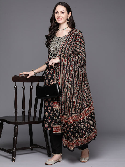 IE Black Embroidered Straight Kurta Trousers With Dupatta Set