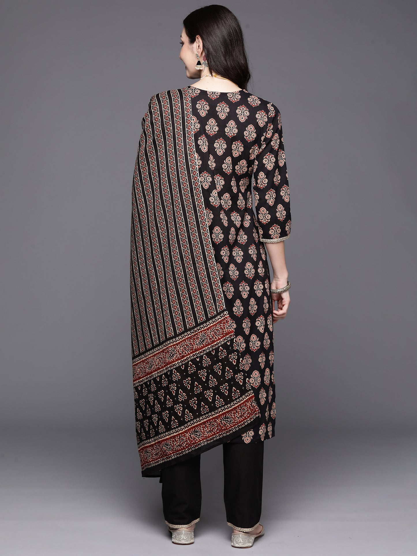 IE Black Embroidered Straight Kurta Trousers With Dupatta Set