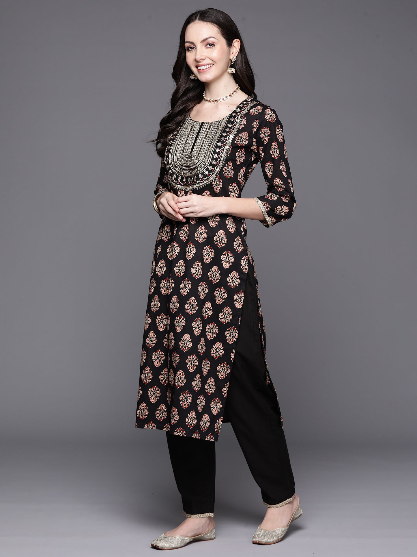 IE Black Embroidered Straight Kurta Trousers With Dupatta Set