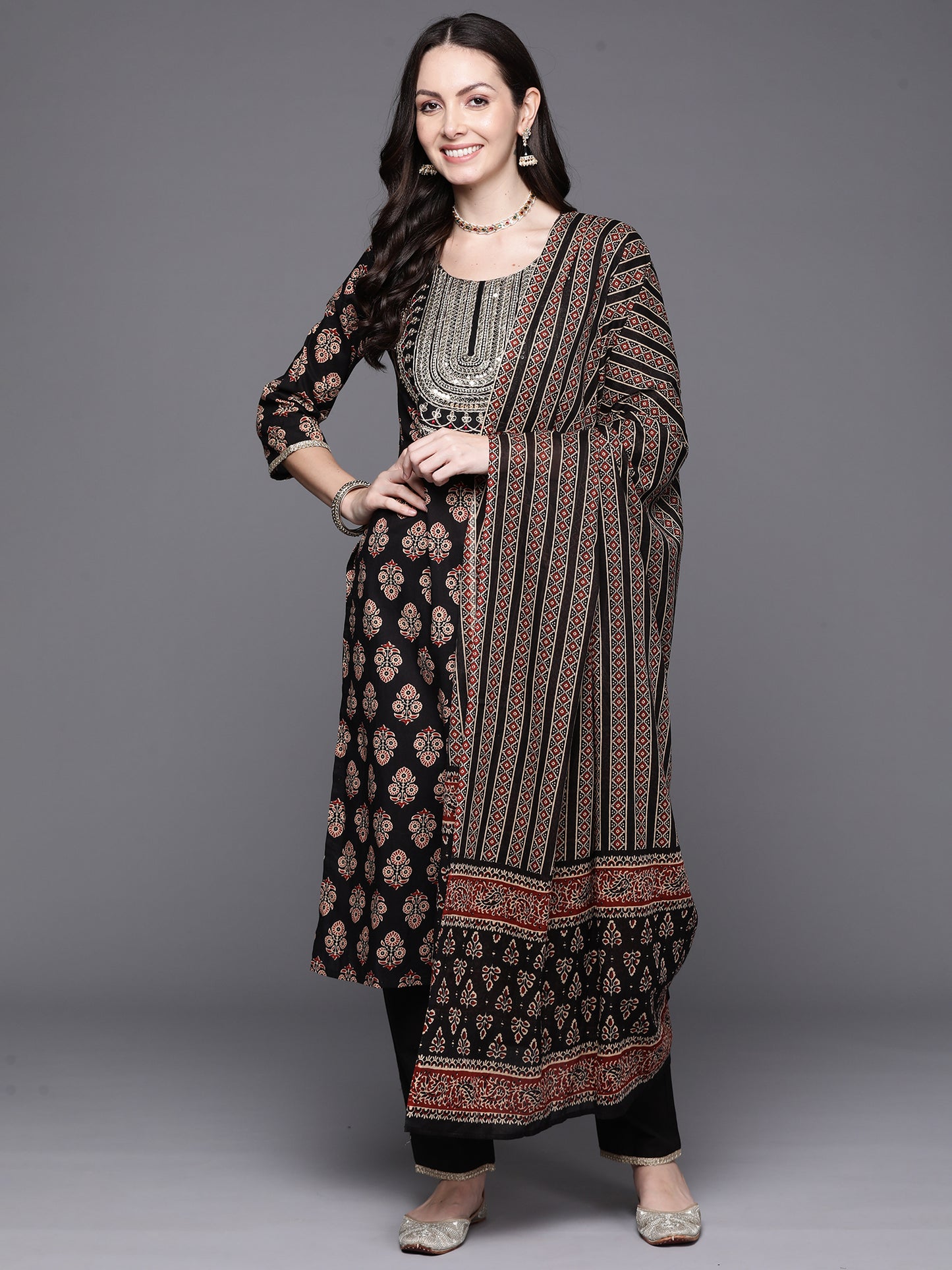 IE Black Embroidered Straight Kurta Trousers With Dupatta Set