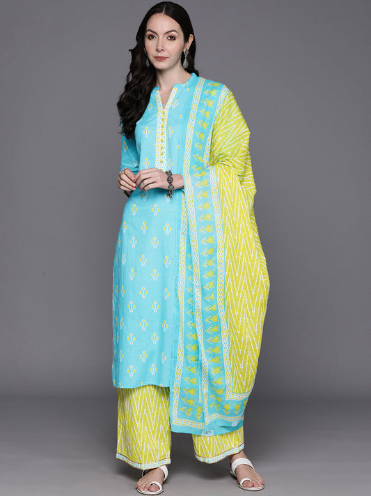 IE Blue Printed Straight Kurta Palazzos With Dupatta Set