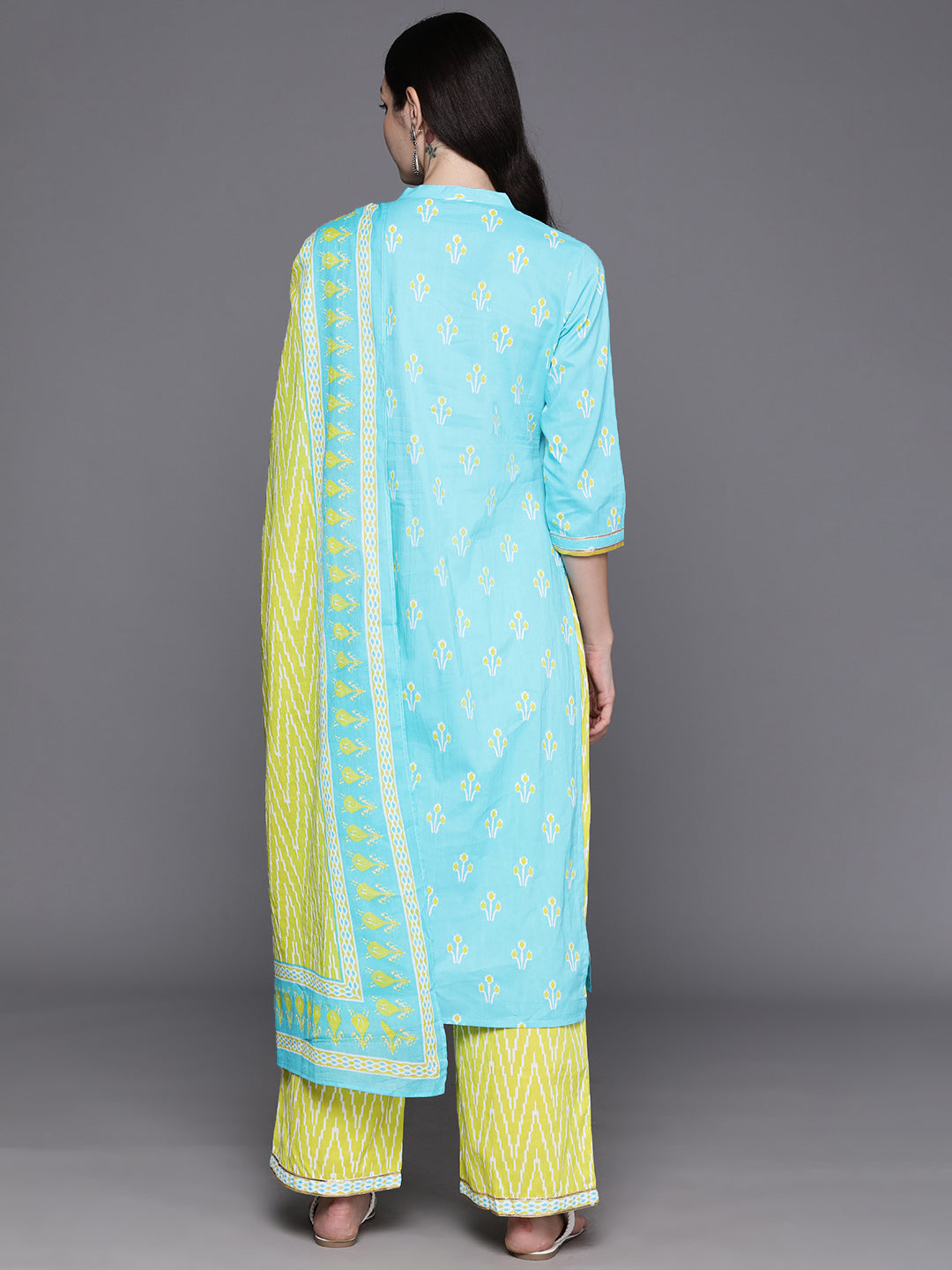 IE Blue Printed Straight Kurta Palazzos With Dupatta Set