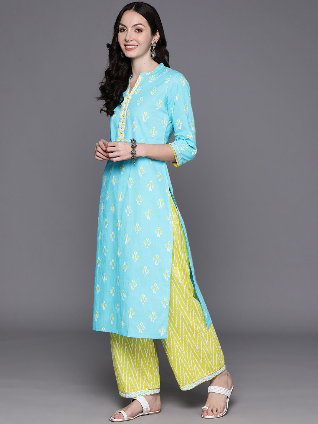 IE Blue Printed Straight Kurta Palazzos With Dupatta Set