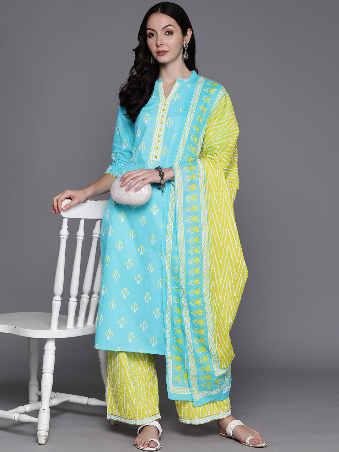 IE Blue Printed Straight Kurta Palazzos With Dupatta Set