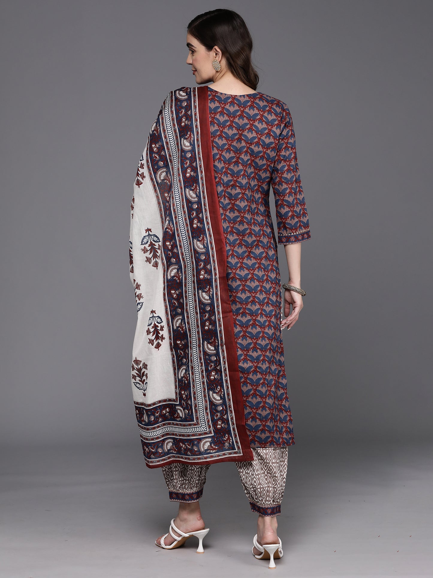 IE Blue Printed Straight Kurta Salwar With Dupatta Set