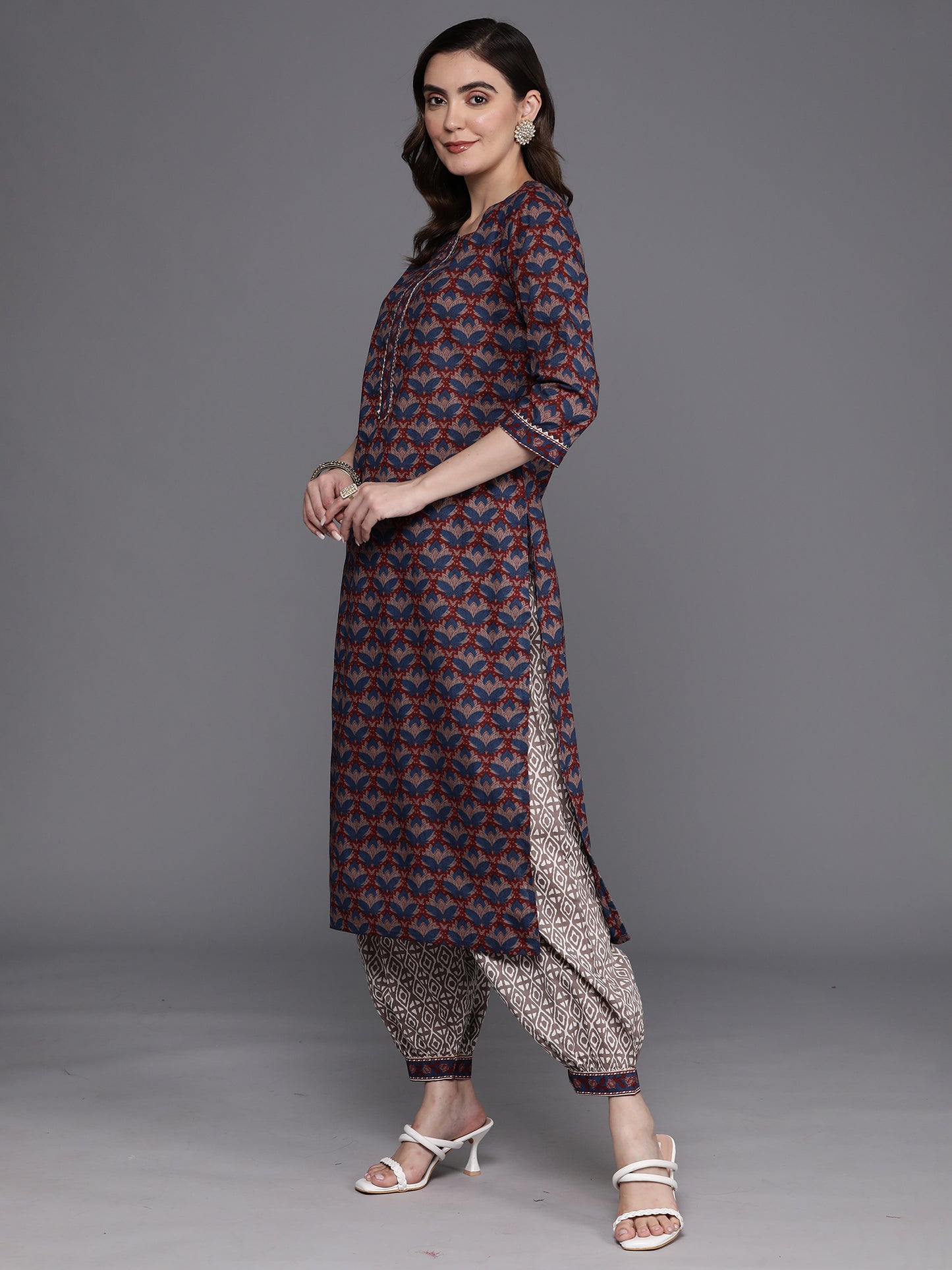 IE Blue Printed Straight Kurta Salwar With Dupatta Set