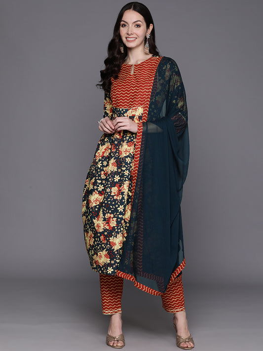 IE Blue Printed A-Line Kurta Trousers With Dupatta Set