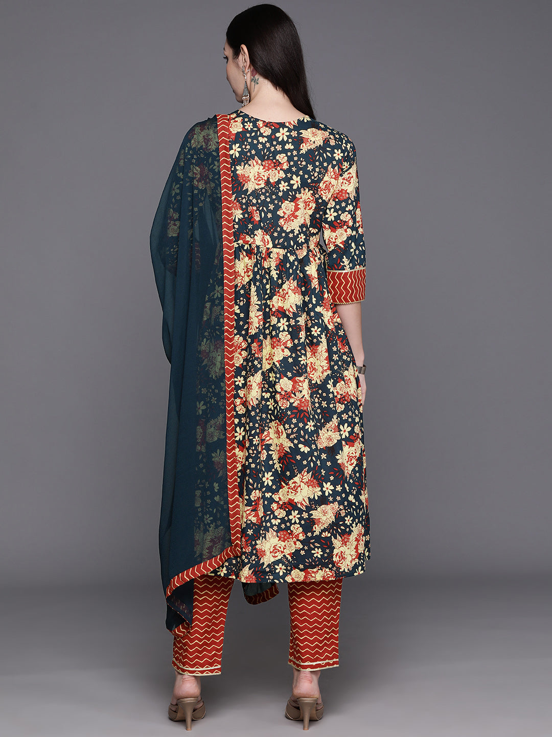 IE Blue Printed A-Line Kurta Trousers With Dupatta Set