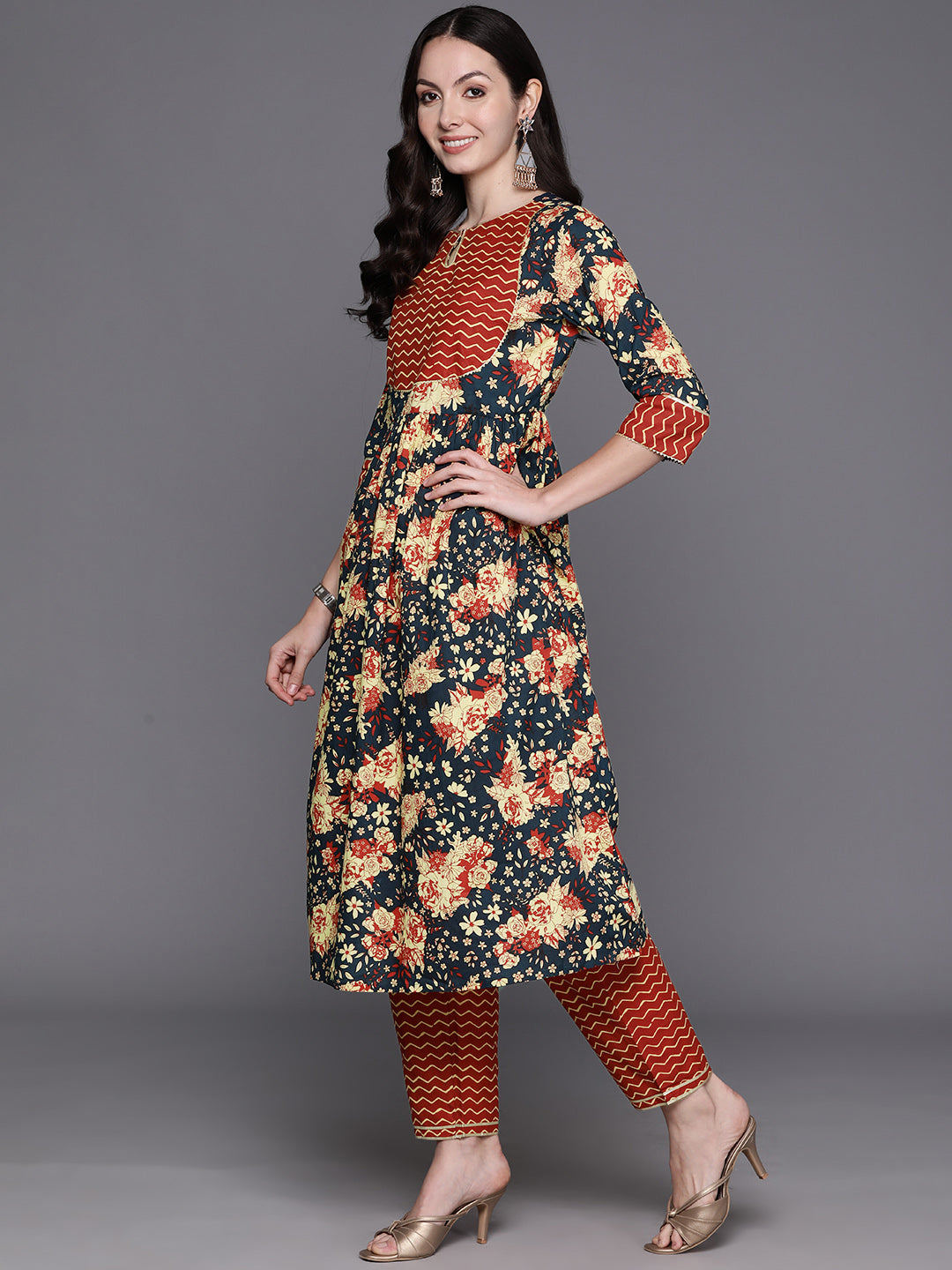 IE Blue Printed A-Line Kurta Trousers With Dupatta Set