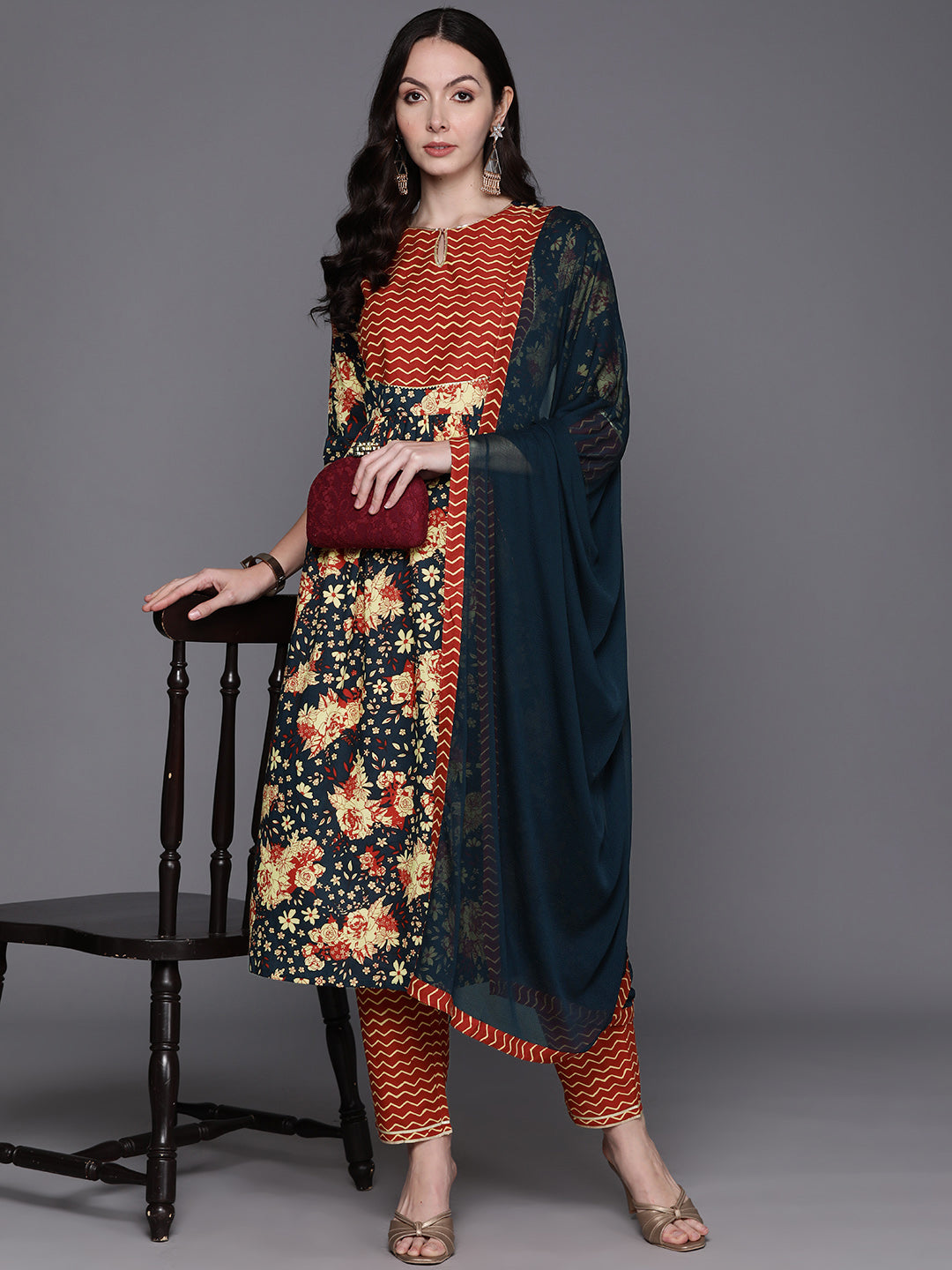 IE Blue Printed A-Line Kurta Trousers With Dupatta Set