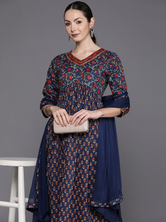 IE Blue Printed A-Line Kurta Trousers With Dupatta Set