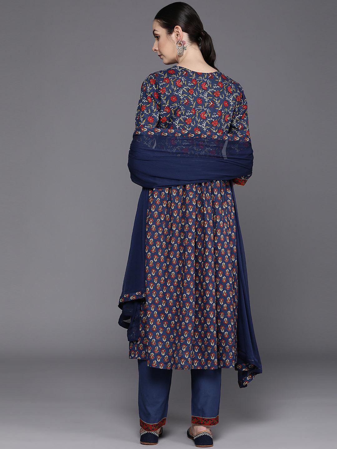 IE Blue Printed A-Line Kurta Trousers With Dupatta Set