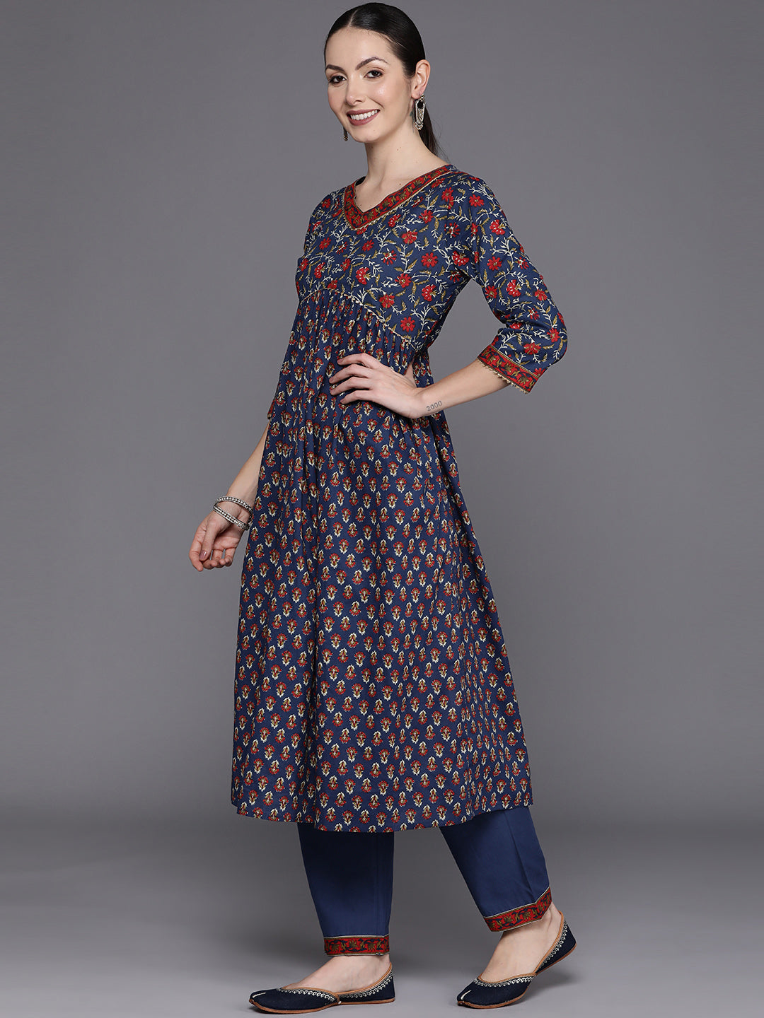 IE Blue Printed A-Line Kurta Trousers With Dupatta Set