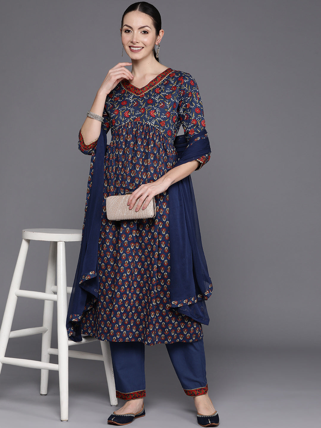 IE Blue Printed A-Line Kurta Trousers With Dupatta Set