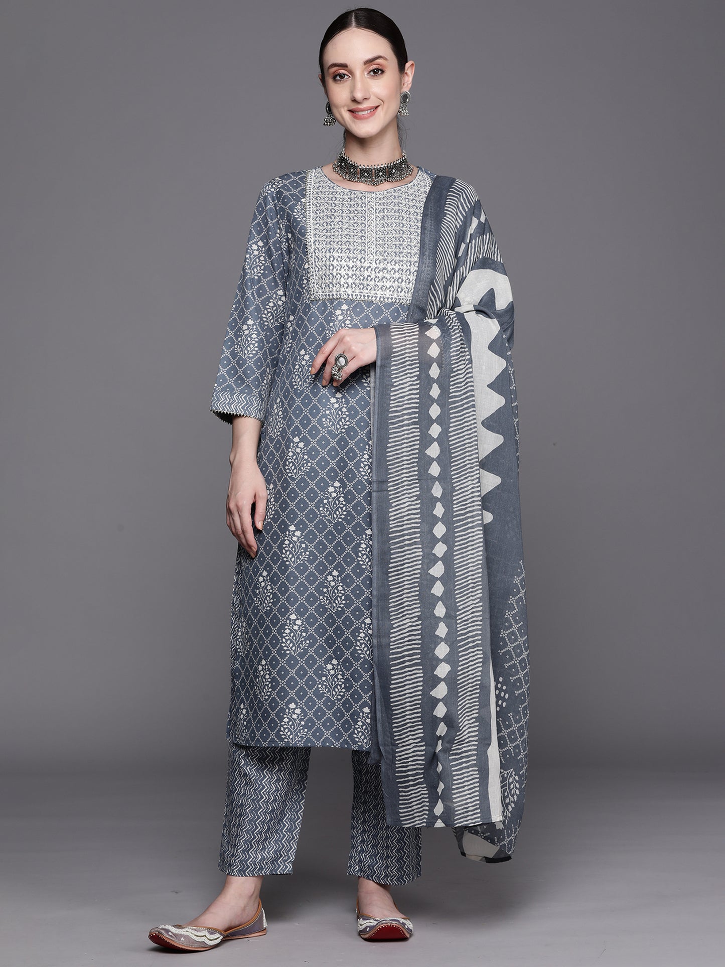 IE Blue Printed Straight Kurta Trousers With Dupatta Set