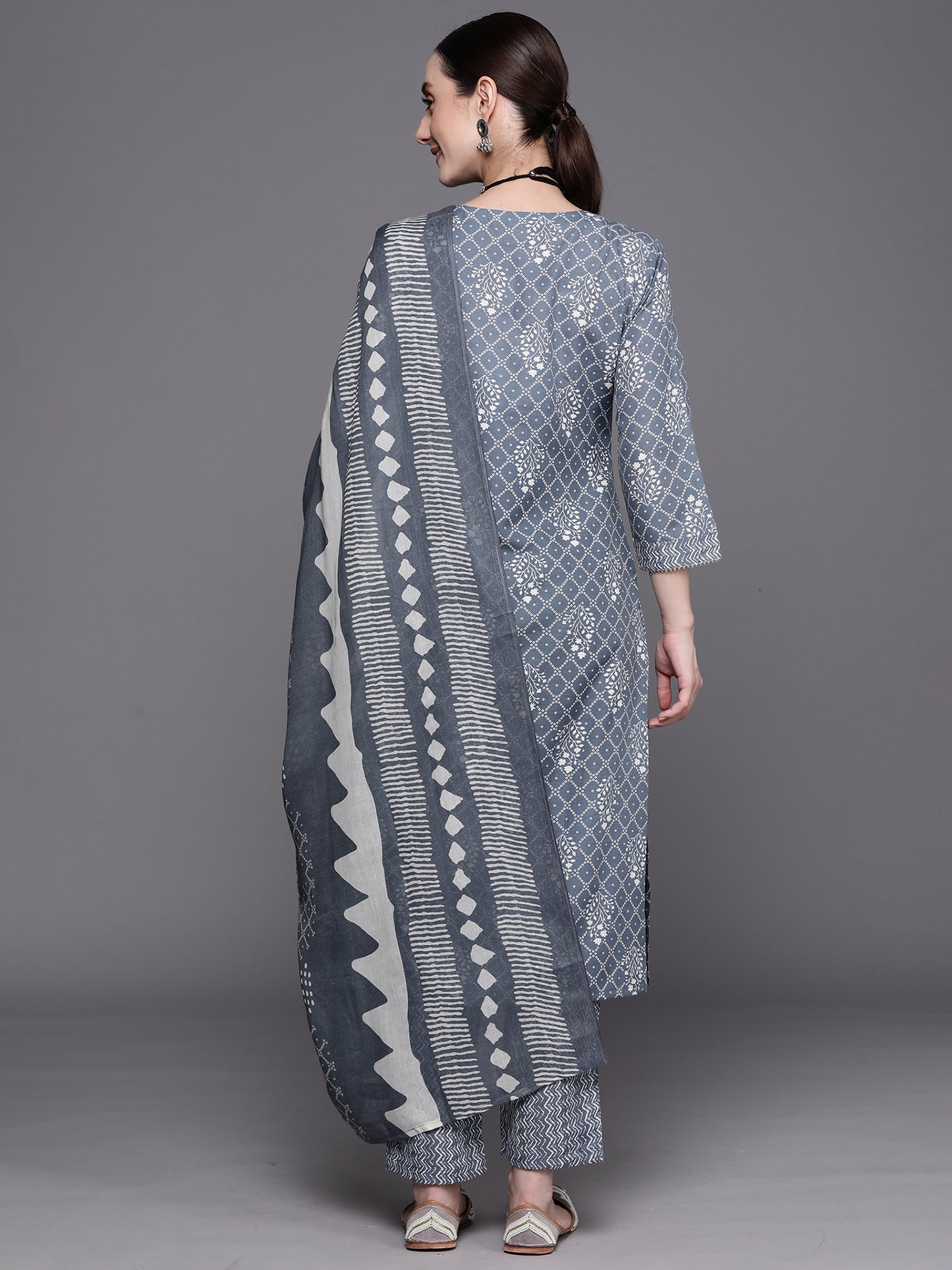 IE Blue Printed Straight Kurta Trousers With Dupatta Set