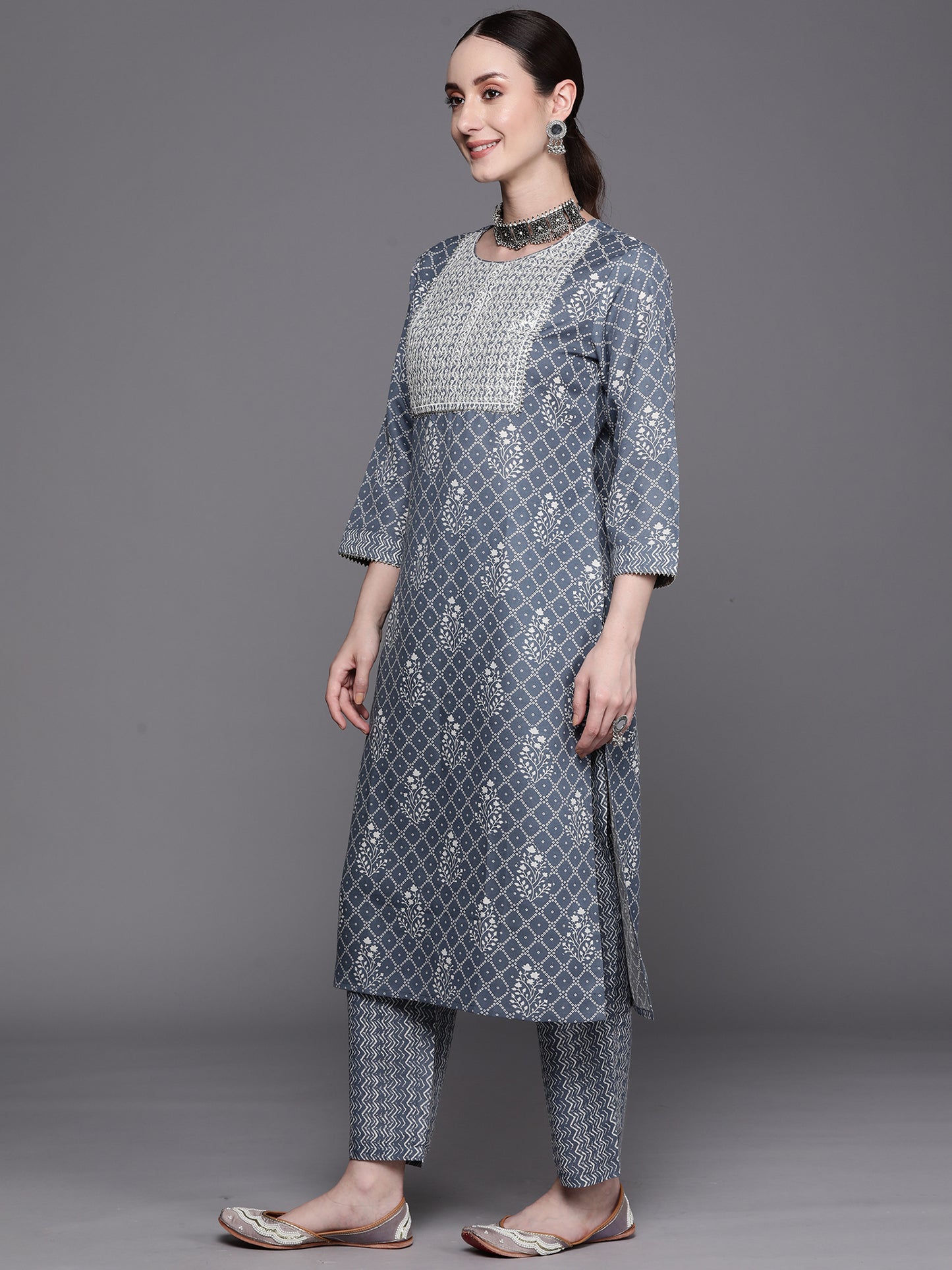 IE Blue Printed Straight Kurta Trousers With Dupatta Set