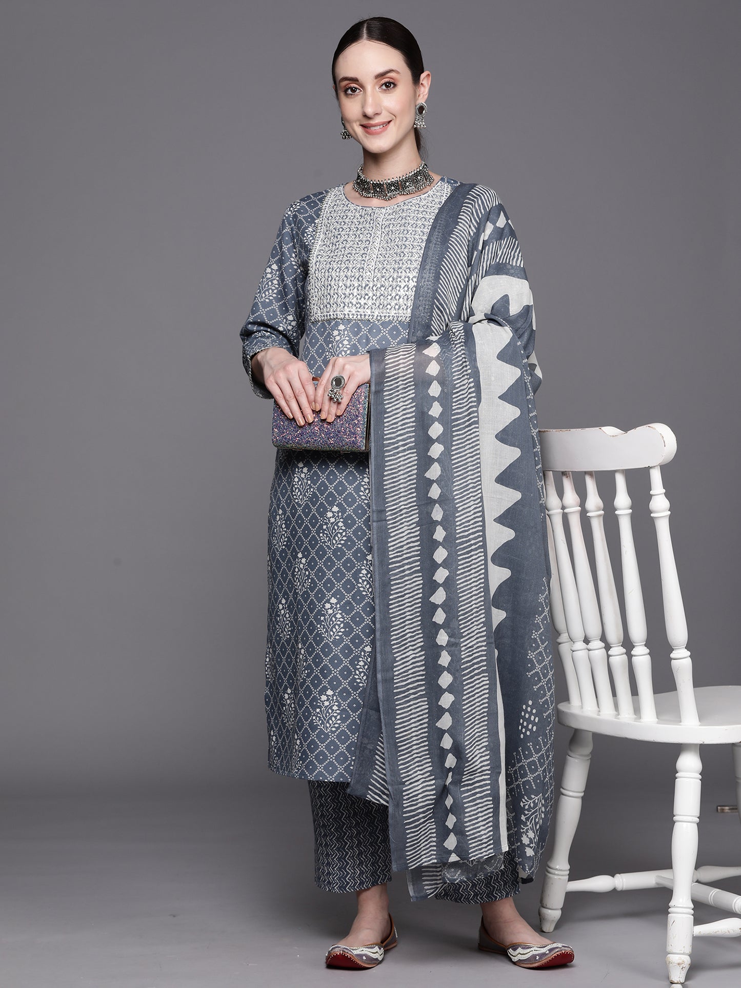 IE Blue Printed Straight Kurta Trousers With Dupatta Set