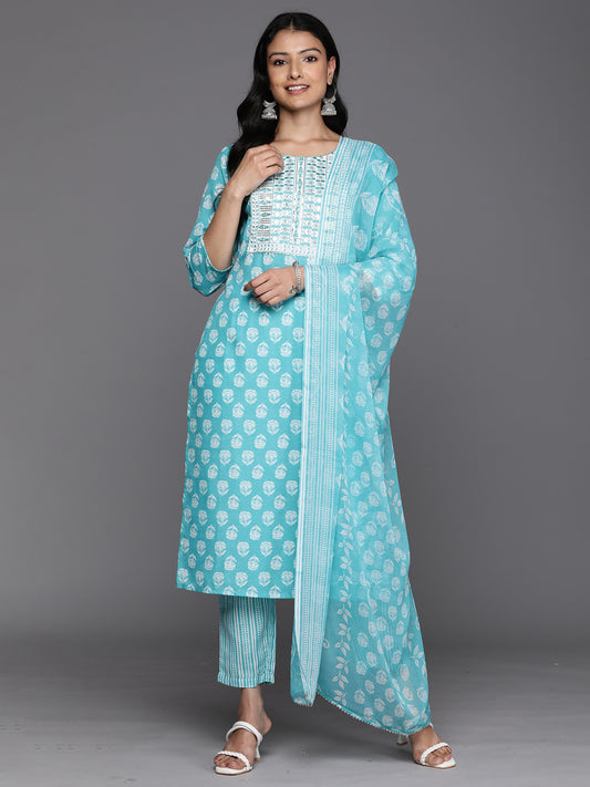 IE Blue Printed Straight Kurta Trousers With Dupatta Set