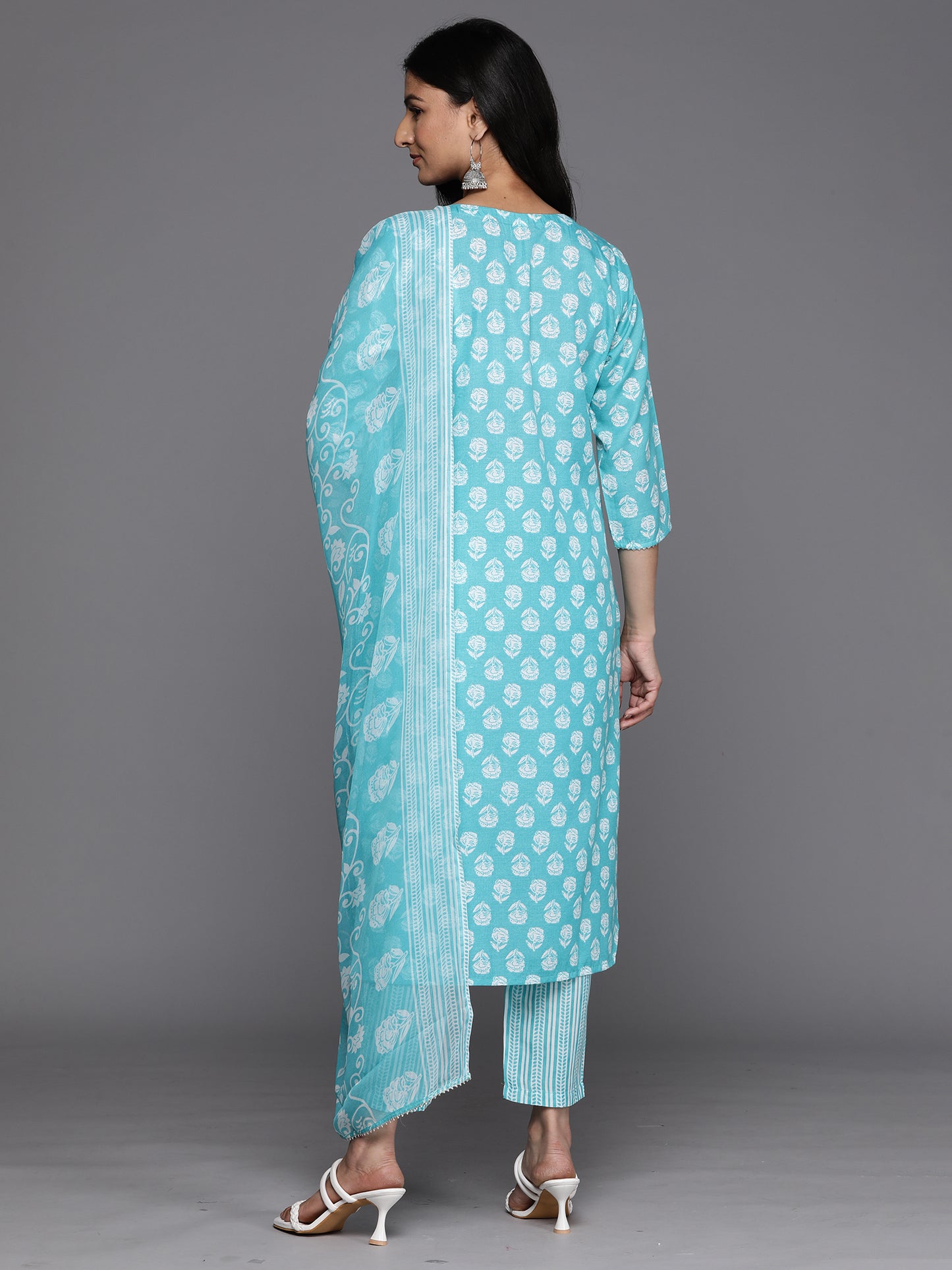 IE Blue Printed Straight Kurta Trousers With Dupatta Set