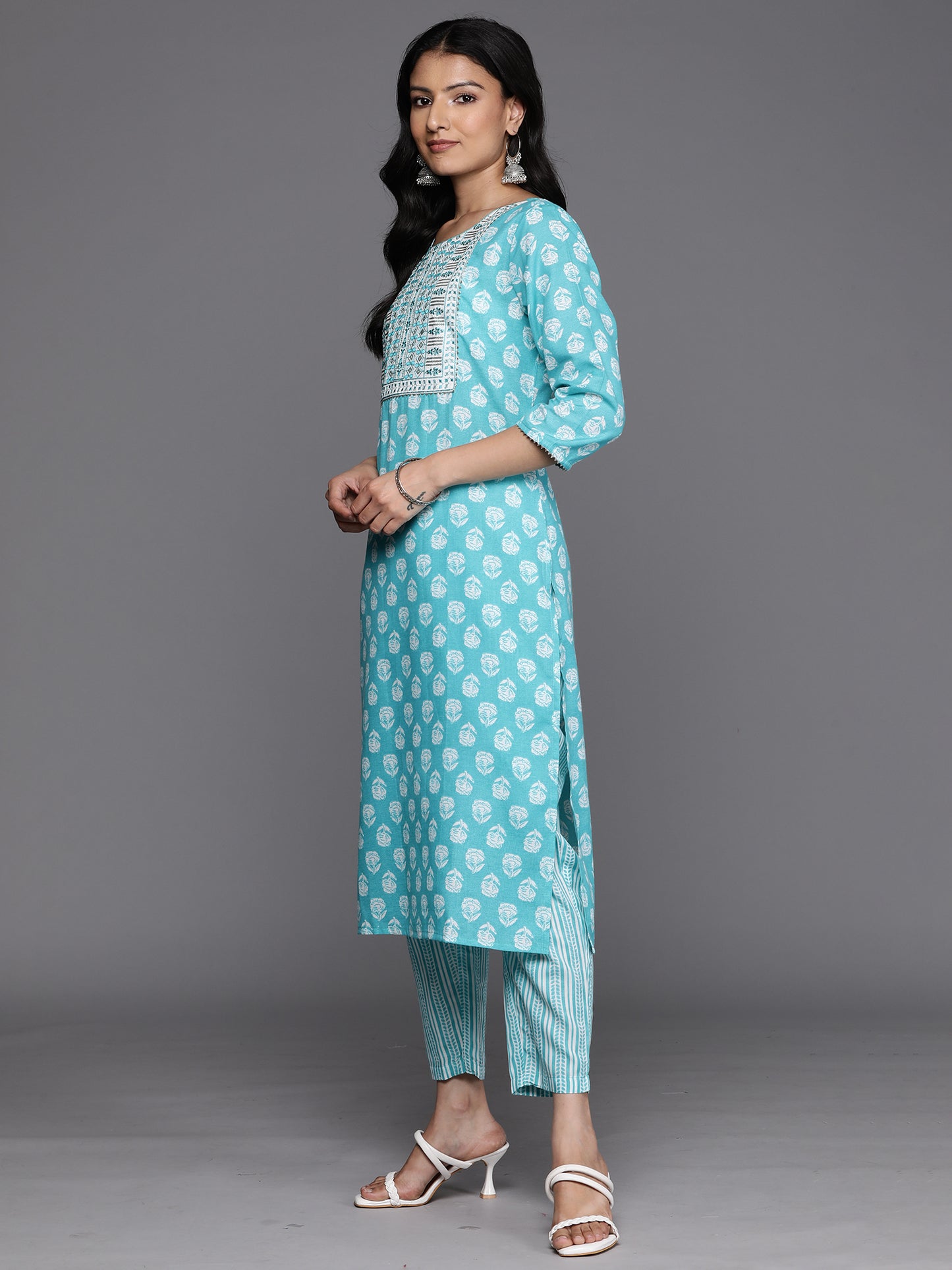 IE Blue Printed Straight Kurta Trousers With Dupatta Set