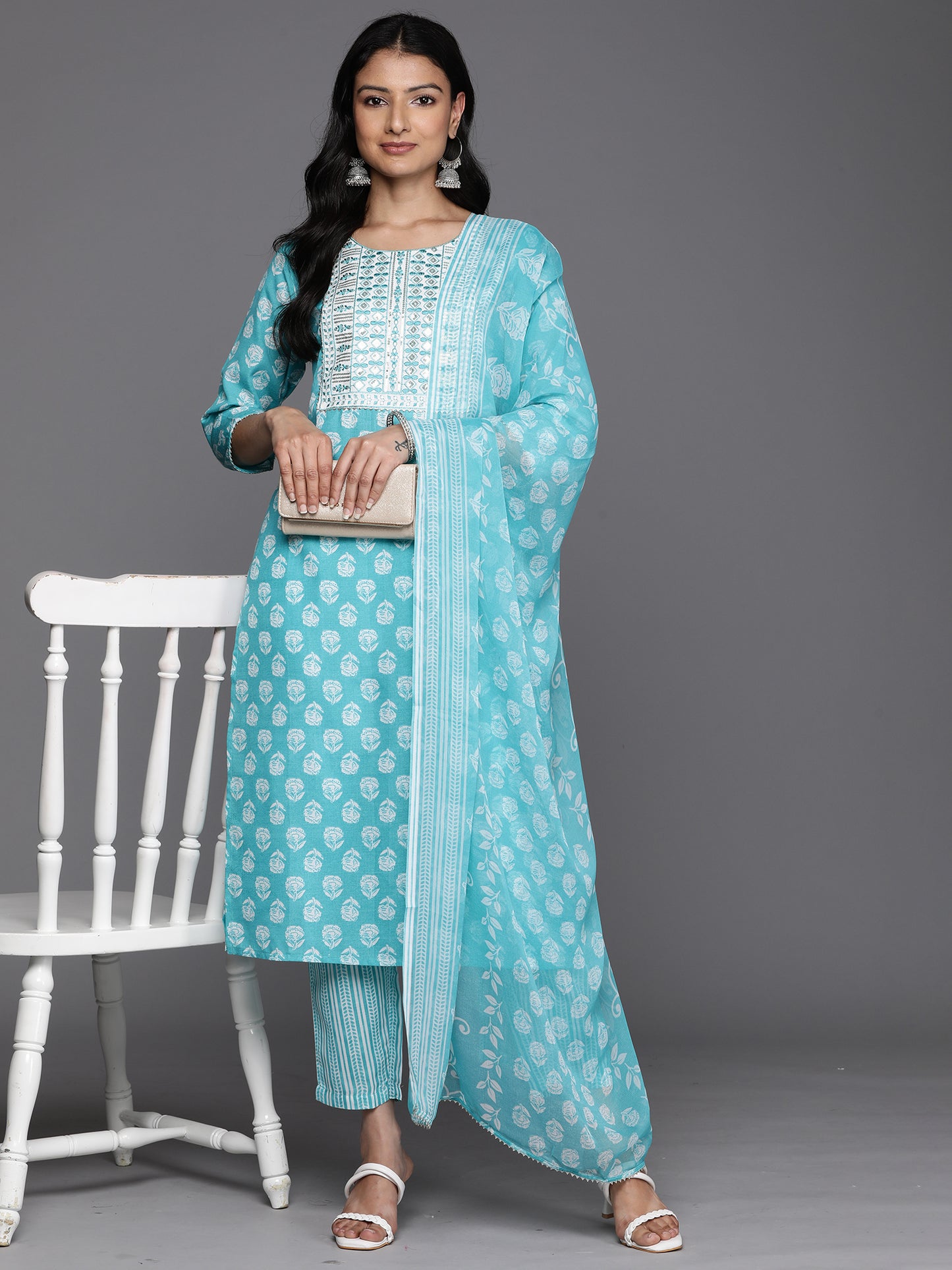 IE Blue Printed Straight Kurta Trousers With Dupatta Set