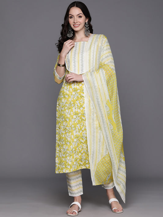 IE Green Printed Straight Kurta Trousers With Dupatta Set