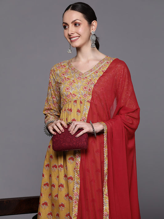 IE Mustard Printed A-Line Kurta Trousers With Dupatta  Set