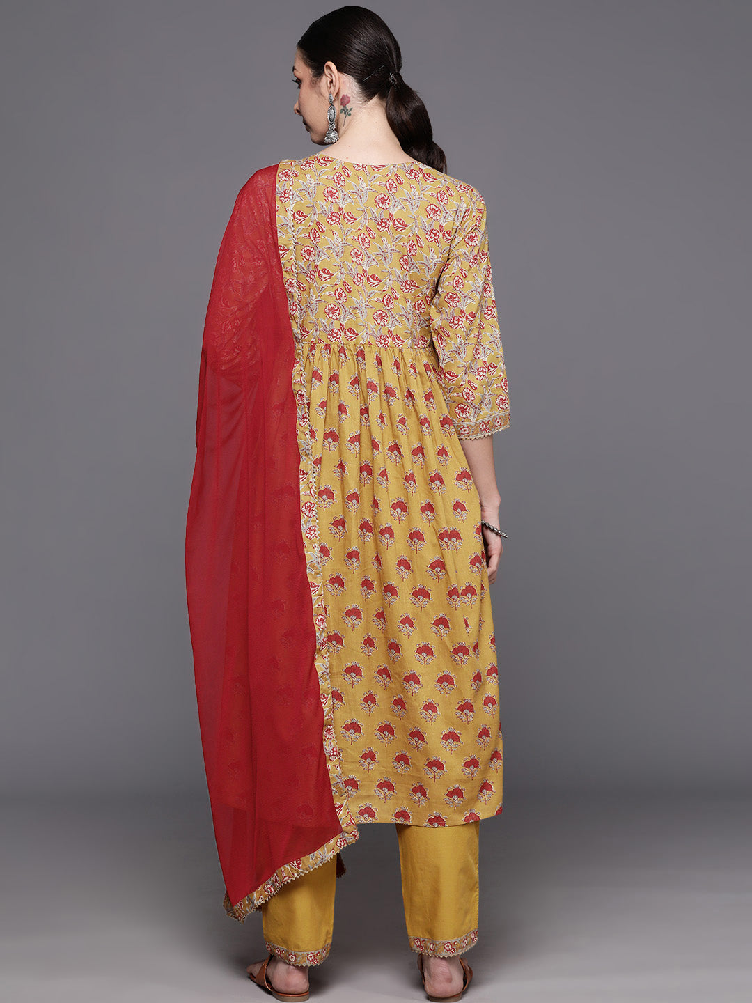 IE Mustard Printed A-Line Kurta Trousers With Dupatta  Set