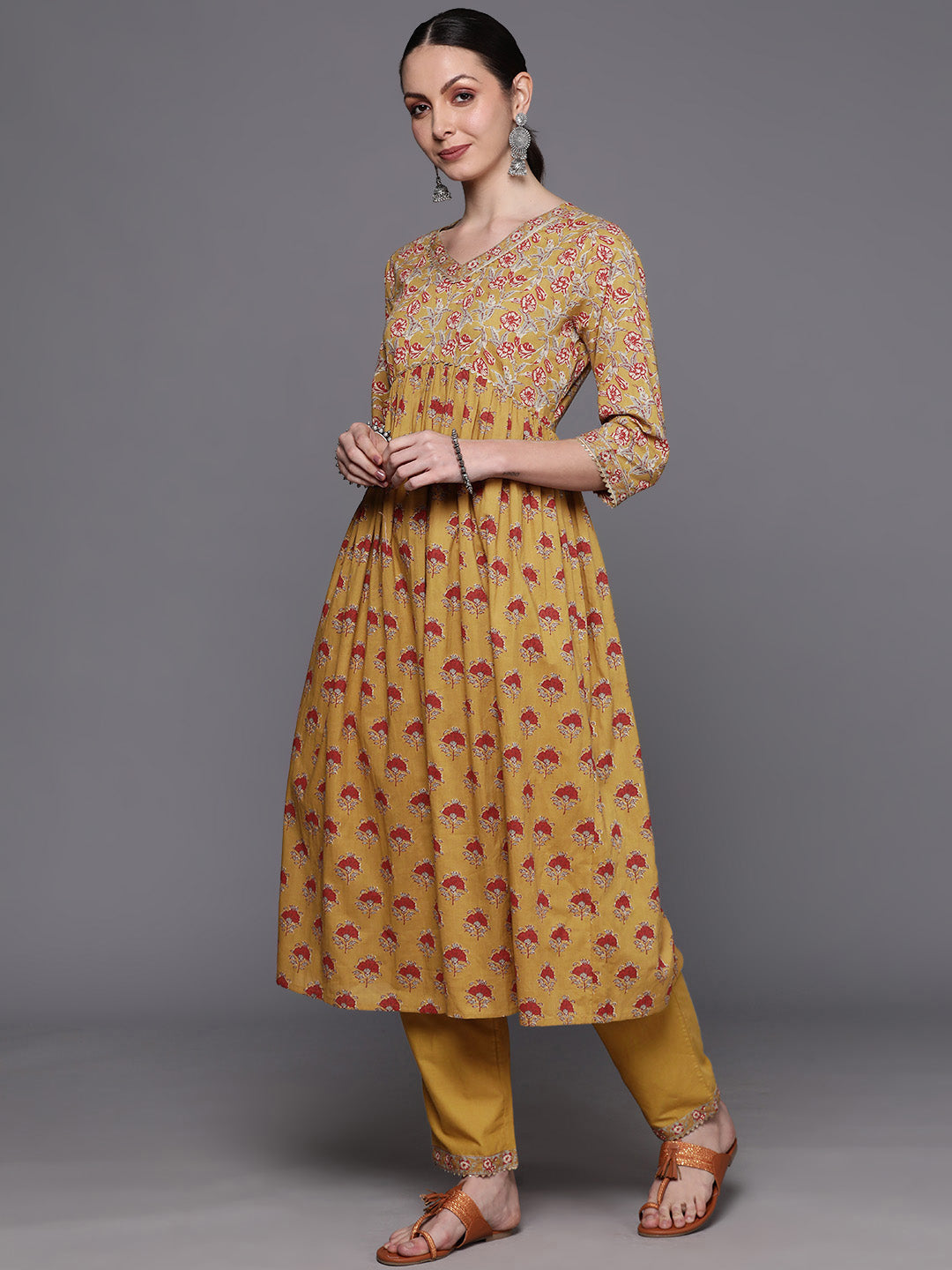 IE Mustard Printed A-Line Kurta Trousers With Dupatta  Set