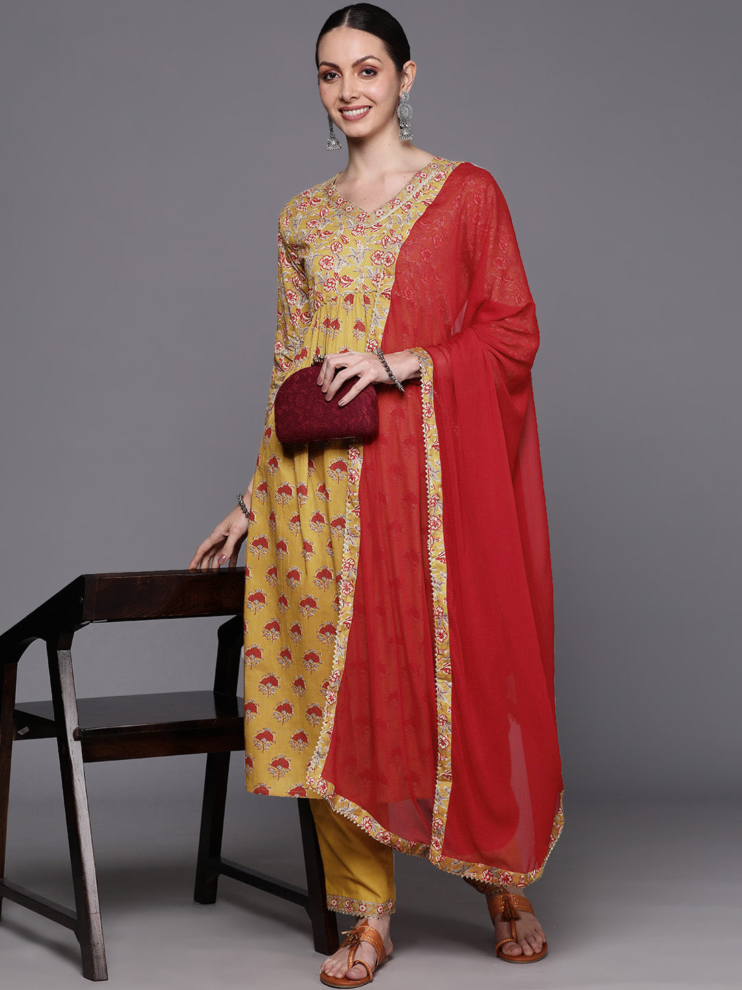 IE Mustard Printed A-Line Kurta Trousers With Dupatta  Set