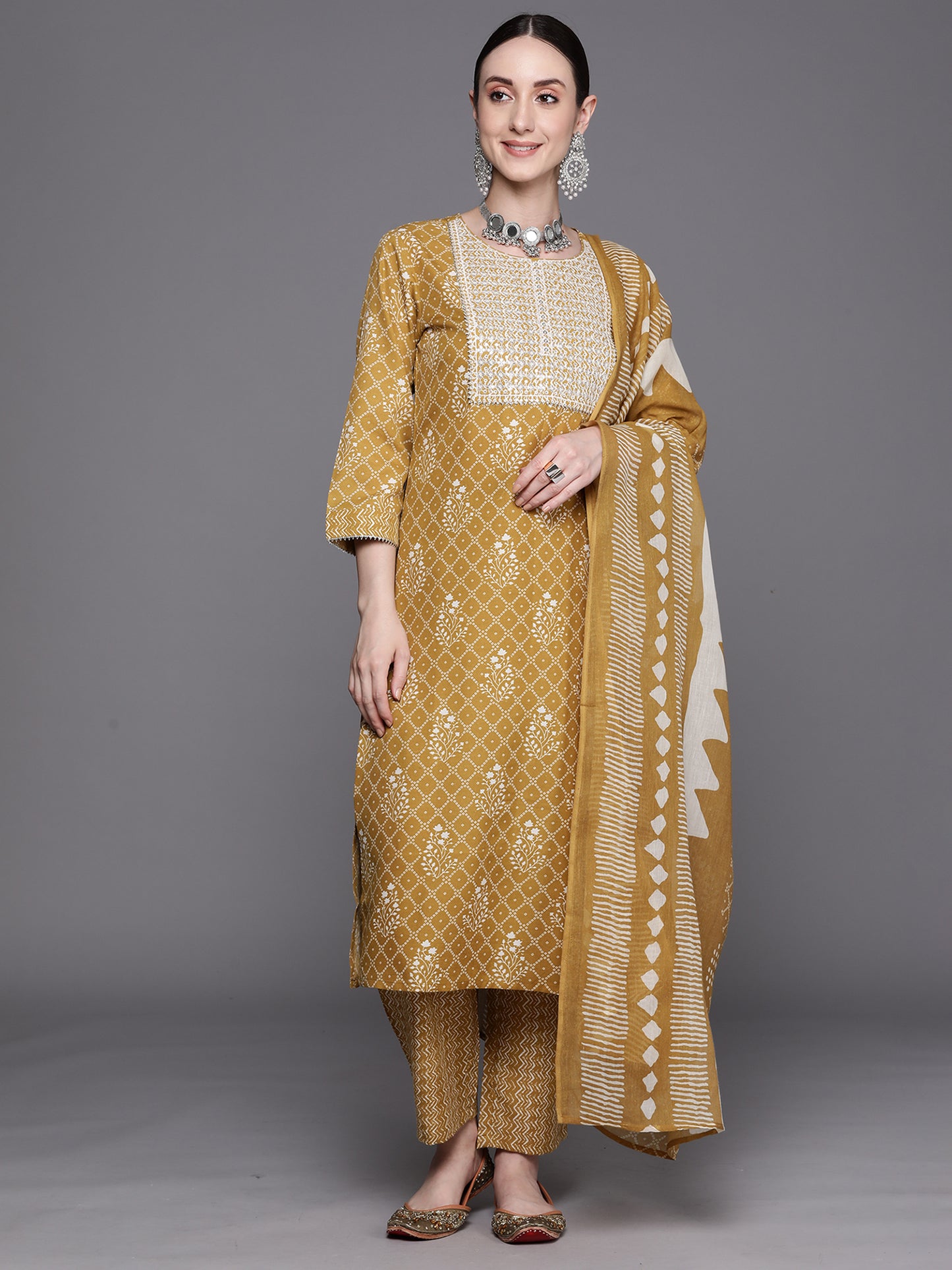 IE Mustard Printed Straight Kurta Trousers With Dupatta Set