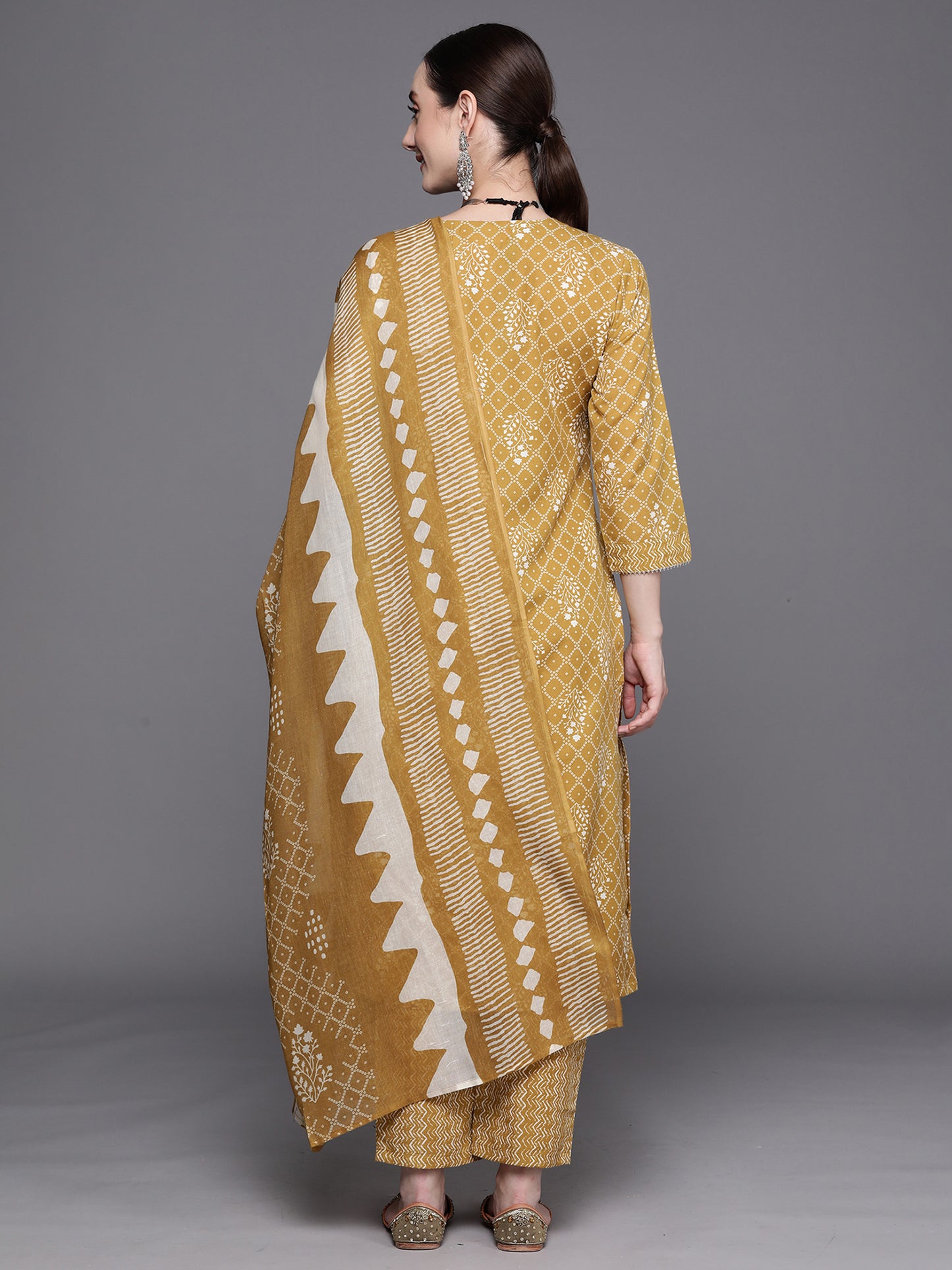 IE Mustard Printed Straight Kurta Trousers With Dupatta Set