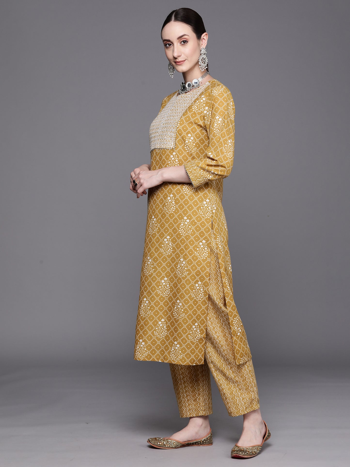 IE Mustard Printed Straight Kurta Trousers With Dupatta Set