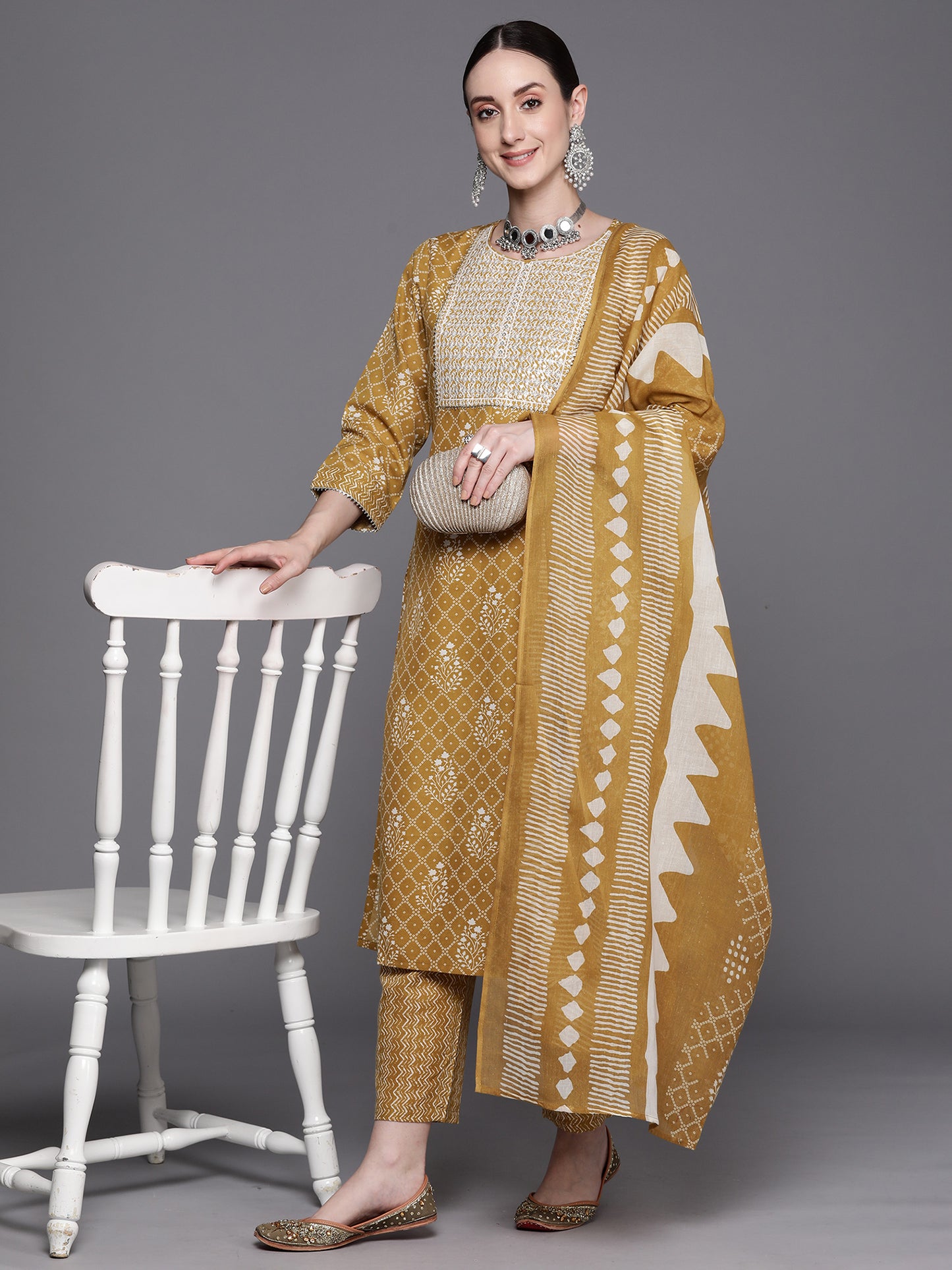 IE Mustard Printed Straight Kurta Trousers With Dupatta Set